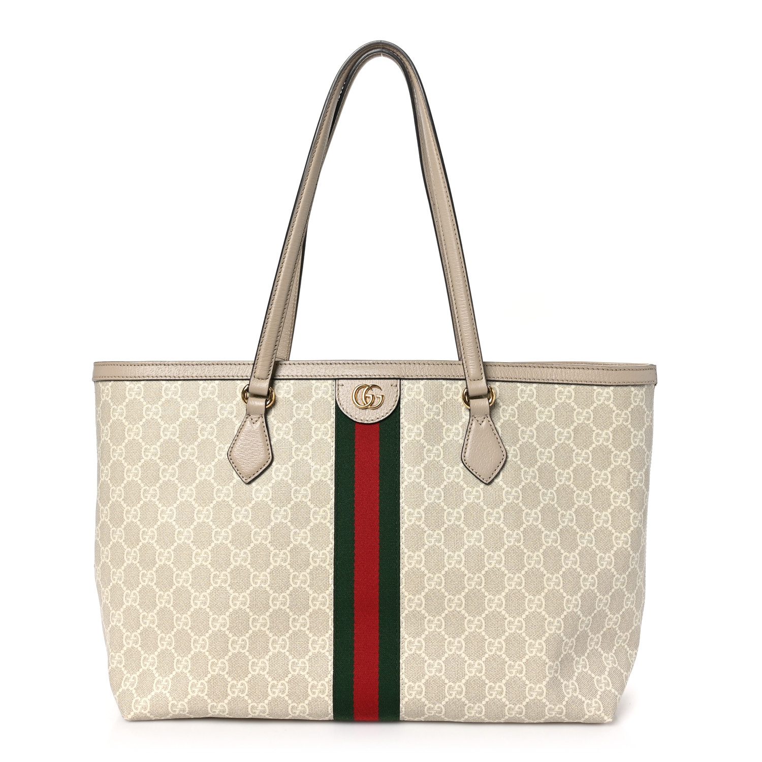 Gucci Beige Mystic White Oatmeal GG Supreme Monogram Coated Canvas & Textured Dollar Calfskin Leather Medium Ophidia Shopping Tote Gold Hardware Front replica handbag