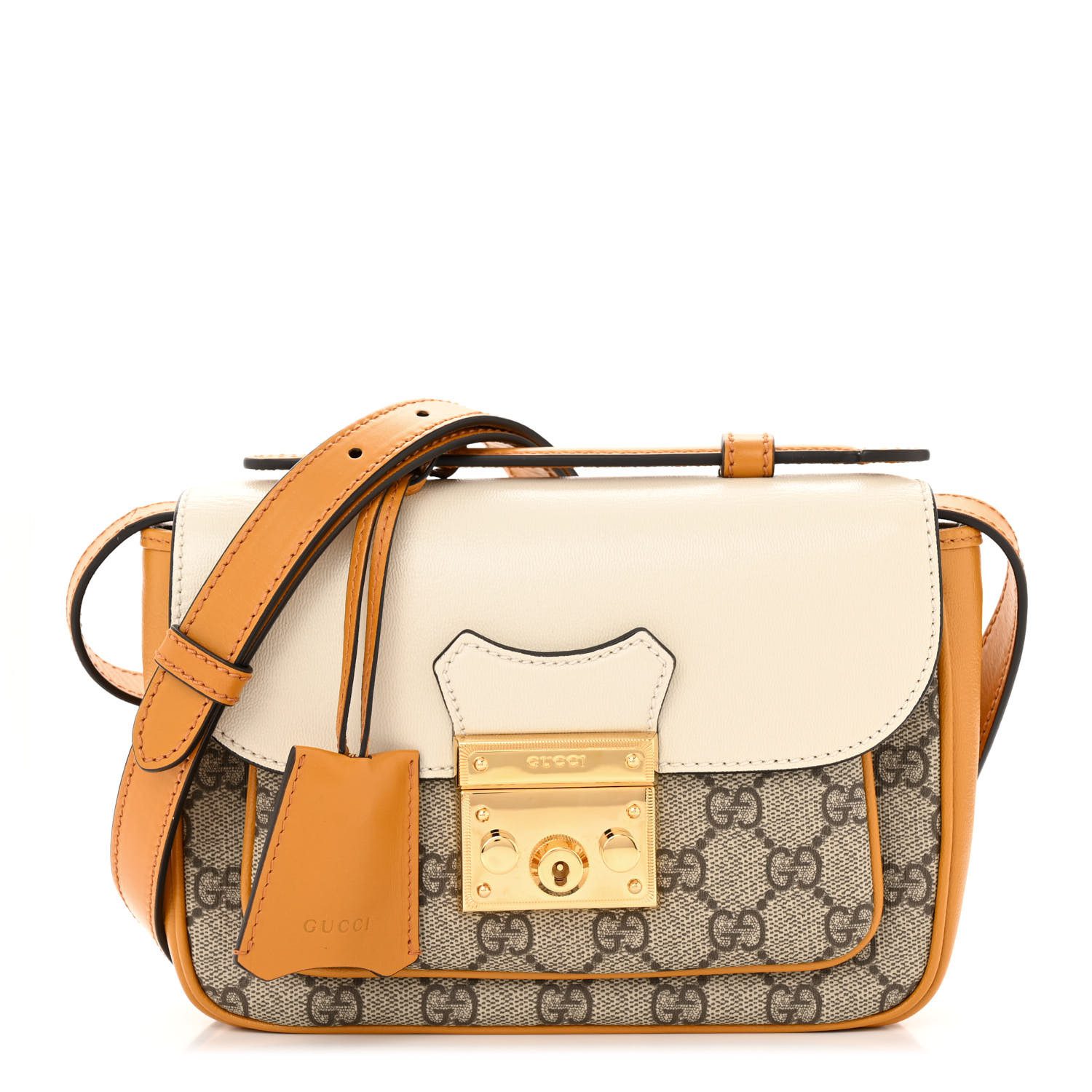 Gucci Beige Mystic White Sun Oil GG Supreme Monogram Canvas Mini Padlock Flap Pocket Shoulder Bag Gold Hardware Front replica handbag