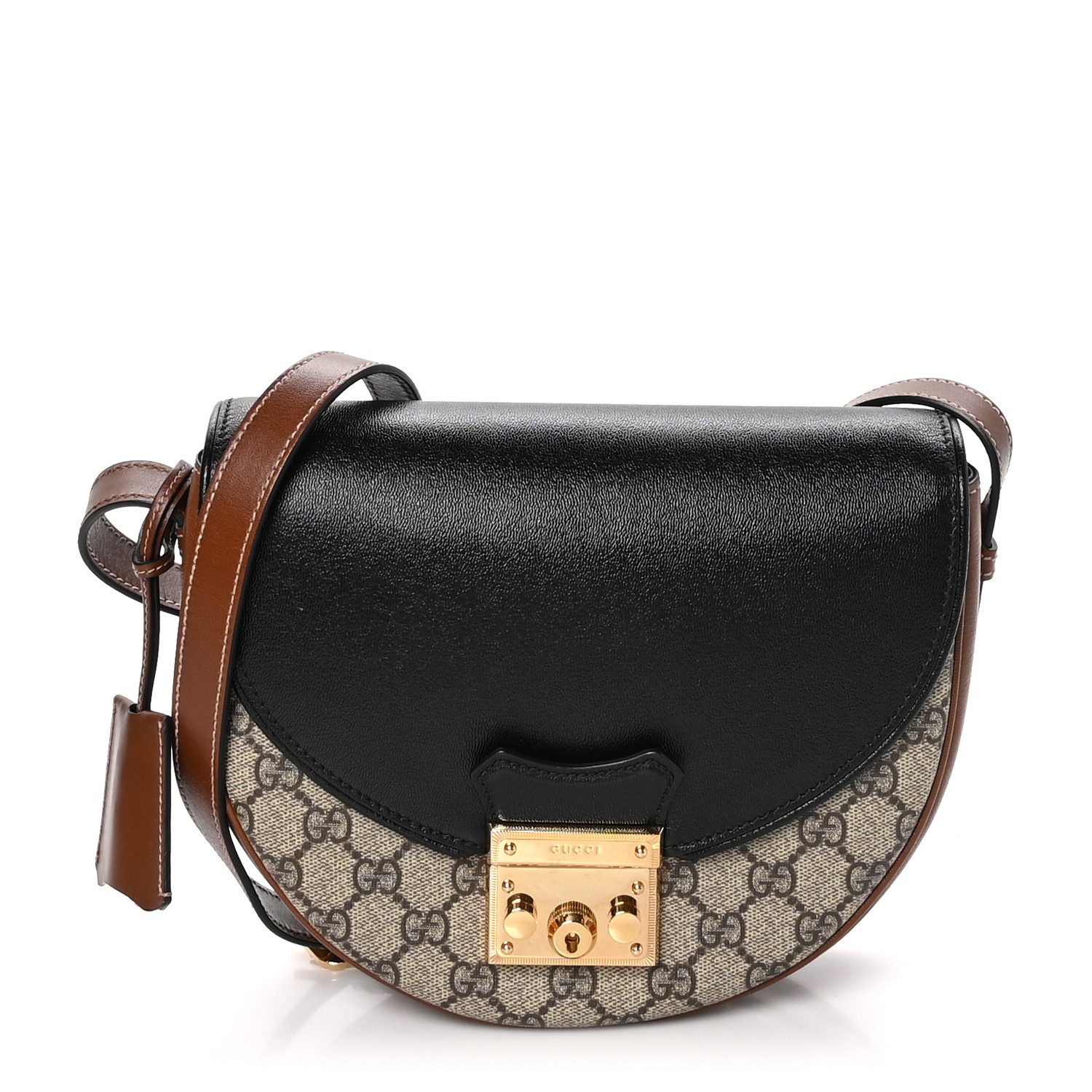 Gucci BeigeBlackCuir GG Supreme Monogram Canvas & Calfskin Leather Small Padlock Messenger Shoulder Bag Gold Hardware Front replica handbag
