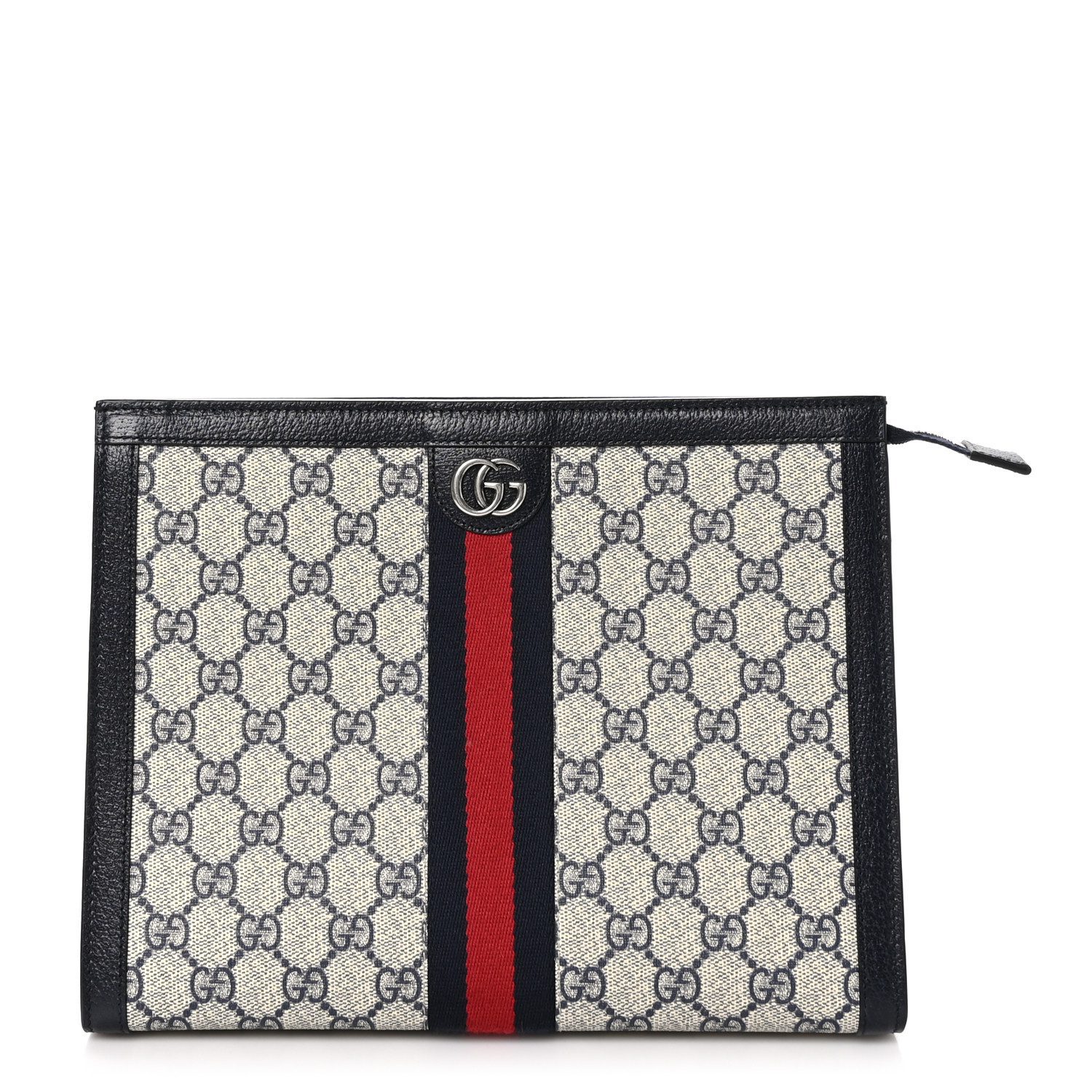 Gucci BeigeBlue GG Supreme Monogram Canvas Small Web Ophidia Pouch Gold Hardware Front replica handbag