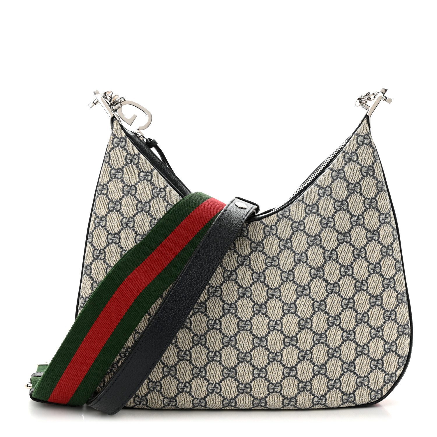 Gucci BeigeBlue GG Supreme Monogram Canvas & Textured Calfskin Leather Large Web Attache Shoulder Bag Silver Hardware Front replica handbag