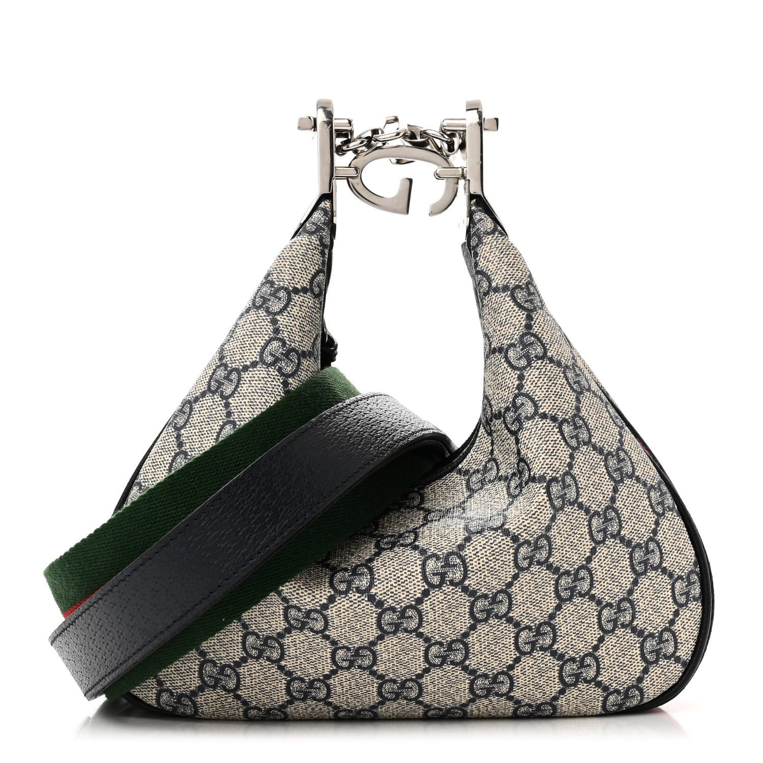 Gucci BeigeBlue GG Supreme Monogram Canvas & Textured Calfskin Leather Small Web Attache Shoulder Bag Silver Hardware Front replica handbag