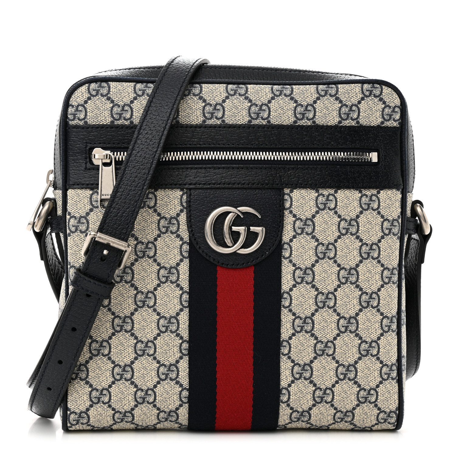 Gucci BeigeBlue GG Supreme Monogram Canvas & Textured Dollar Calfskin Leather Small Web Ophidia Messenger Bag Silver Hardware Front replica handbag