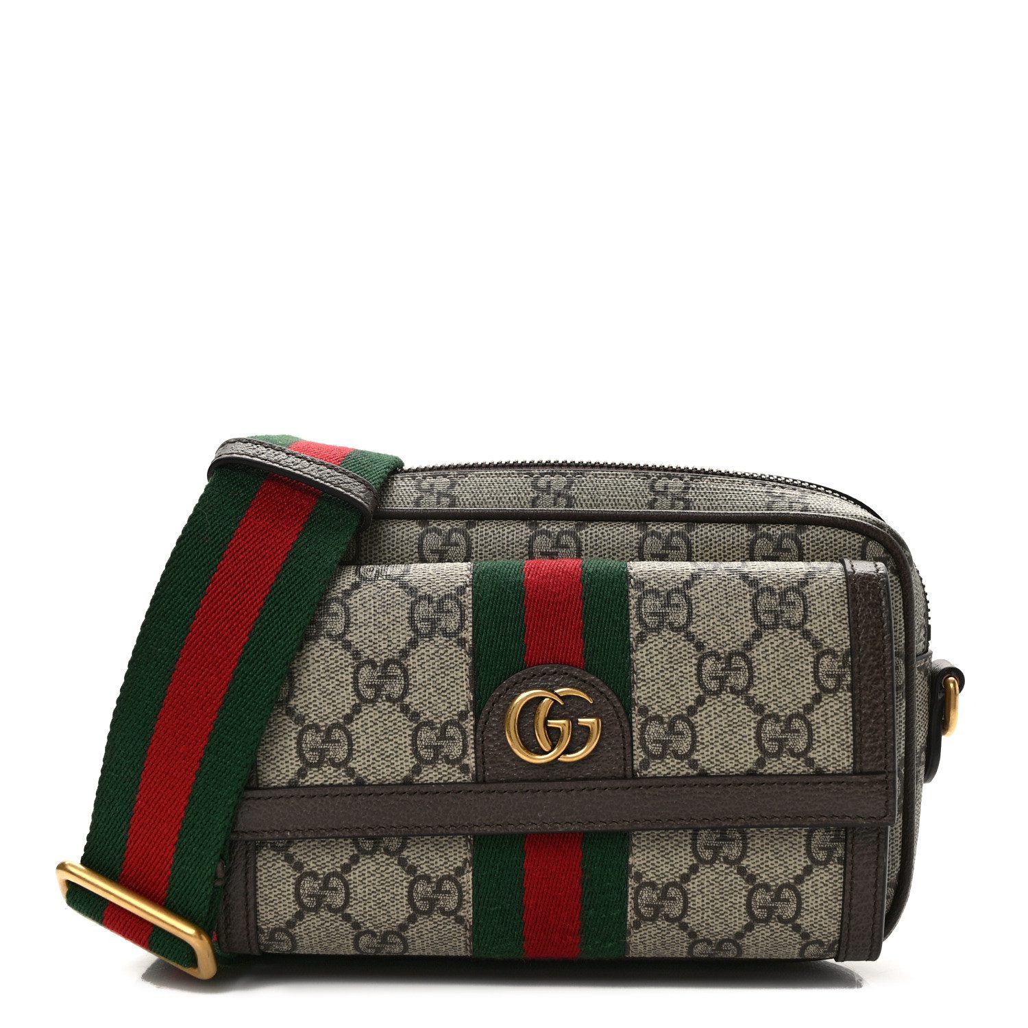 Gucci BeigeEbony GG Supreme Monogram Canvas Mini Web Ophidia Bag Gold Hardware Front replica handbag