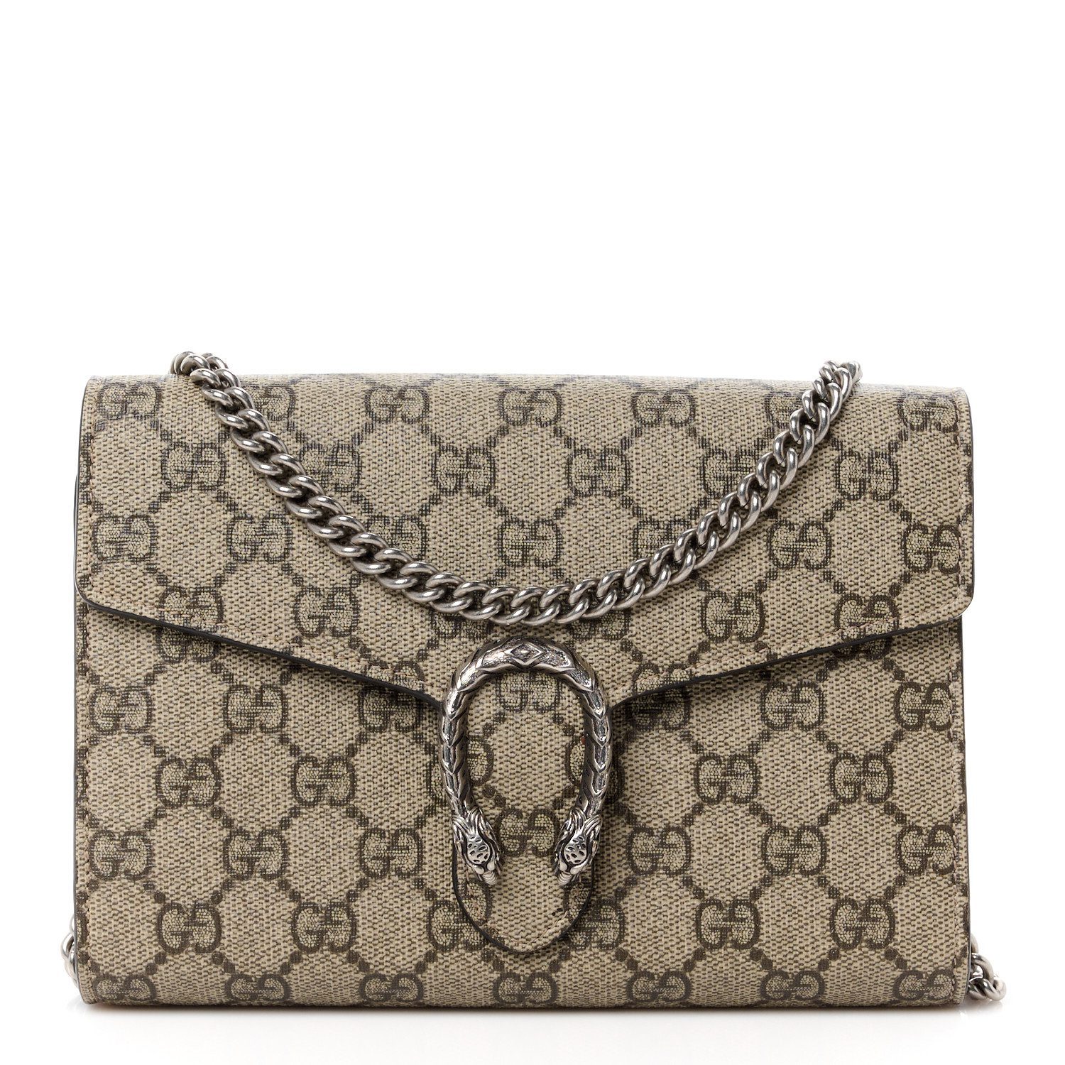 Gucci BeigeTaupe GG Supreme Monogram Canvas Mini Dionysus Chain Wallet Aged Silver Hardware Front replica handbag