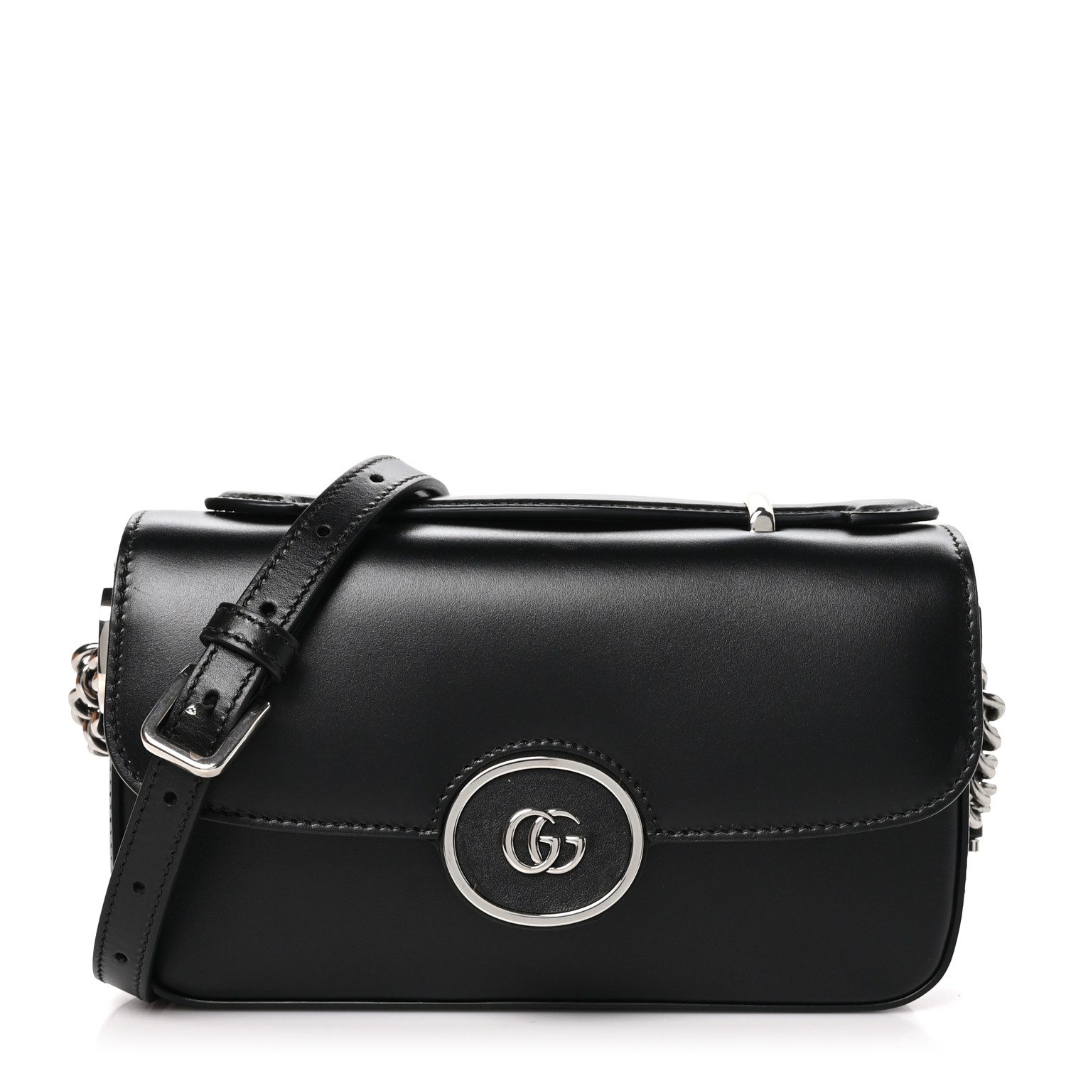 Gucci Black Calfskin Leather Small Petite GG Top Handle Shoulder Bag Silver Hardware Front replica handbag
