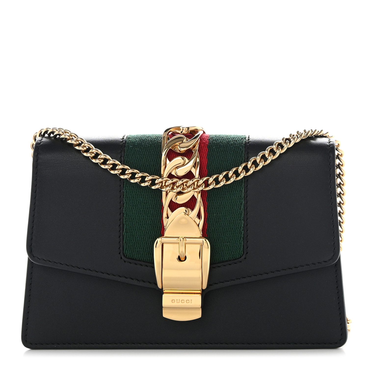 Gucci Black Calfskin Leather Super Mini Sylvie Chain Shoulder Bag Gold Hardware Front replica handbag
