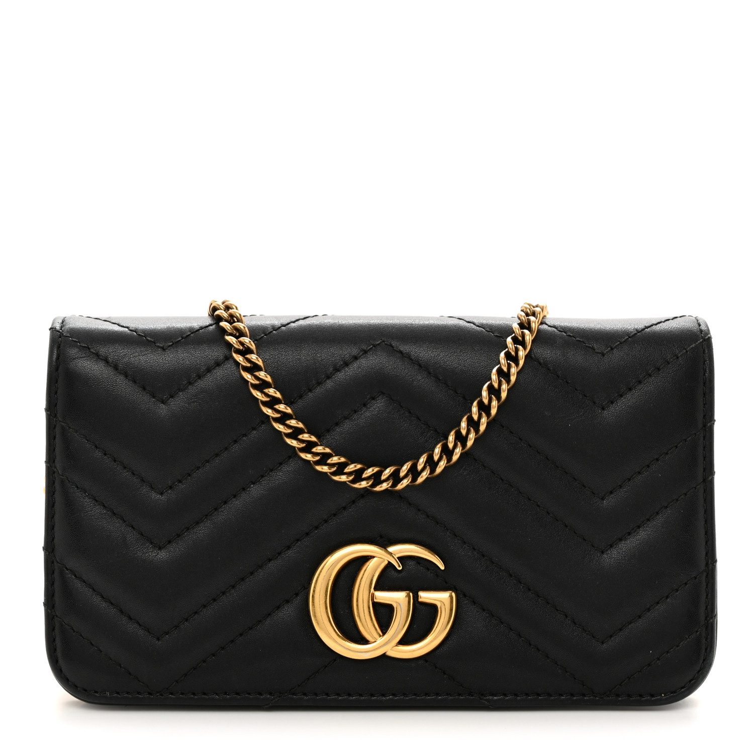 Gucci Black Calfskin Matelassé Leather Mini GG Marmont Bag Aged Gold Hardware Front replica handbag