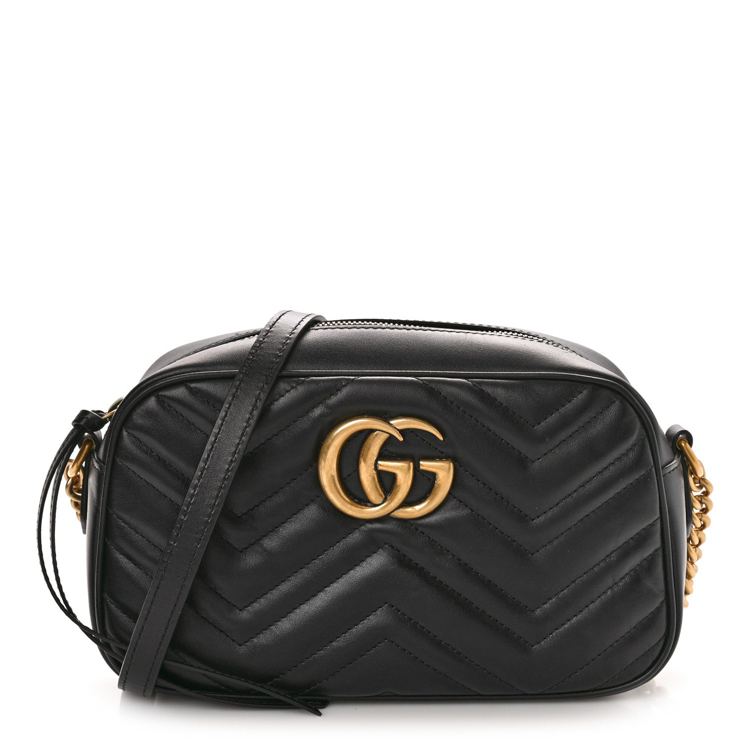 Gucci Black Calfskin Matelassé Leather Small GG Marmont Chain Shoulder Bag Aged Gold Hardware Front replica handbag