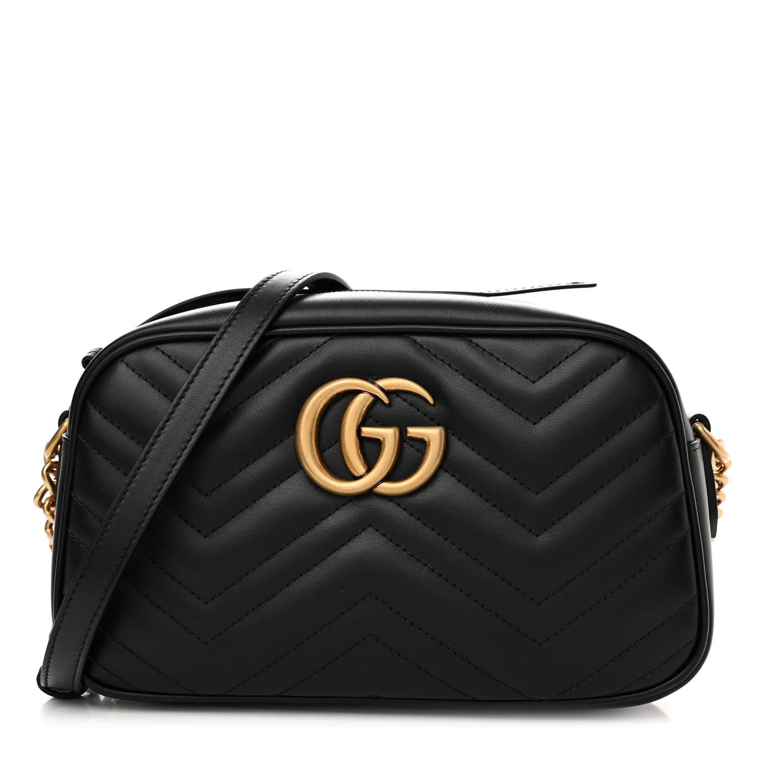 Gucci Black Calfskin Matelassé Leather Small GG Marmont Chain Shoulder Bag Gold Hardware Front replica handbag