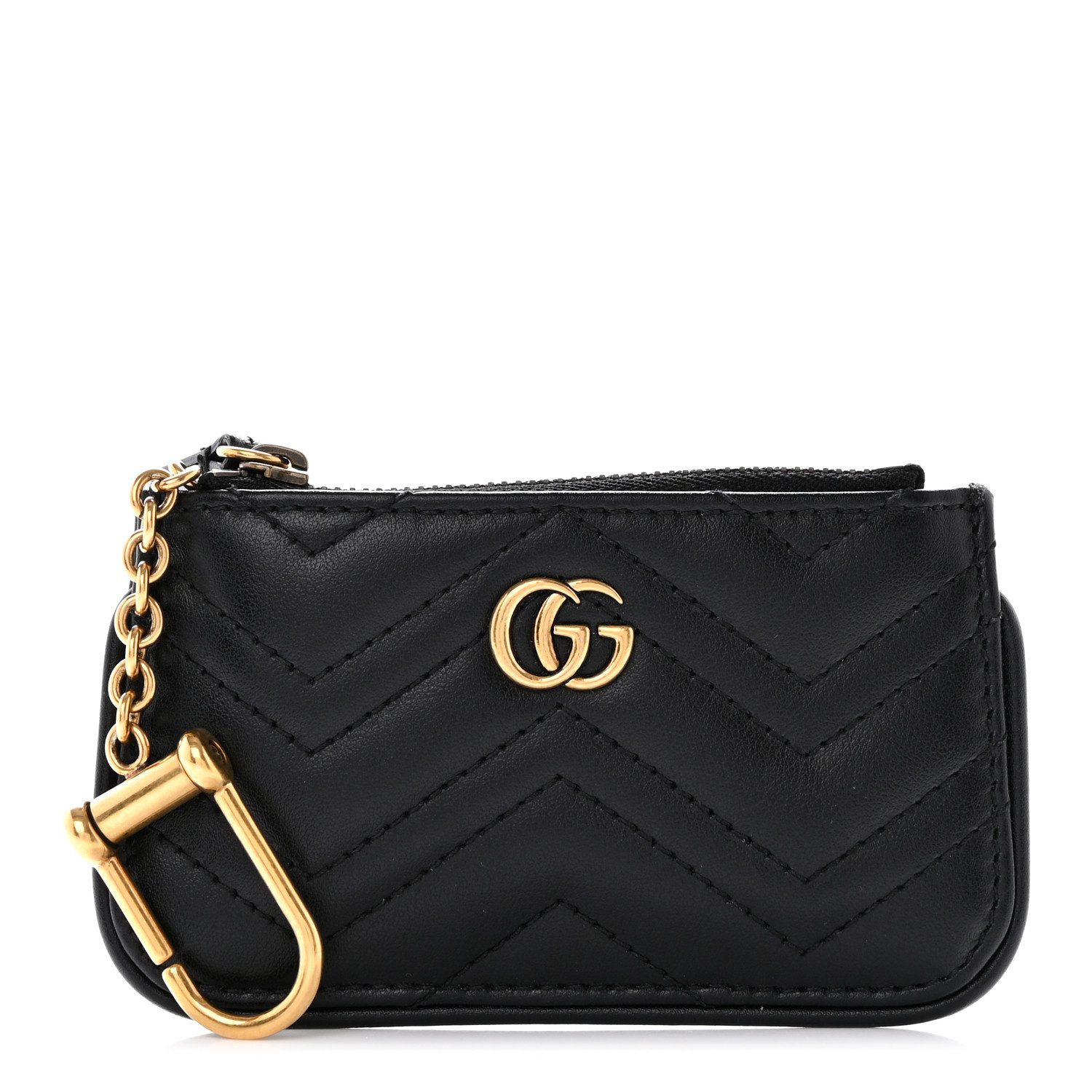 Gucci Black Calfskin Matelassé Leather Small GG Marmont Key Case Gold Hardware Front replica handbag