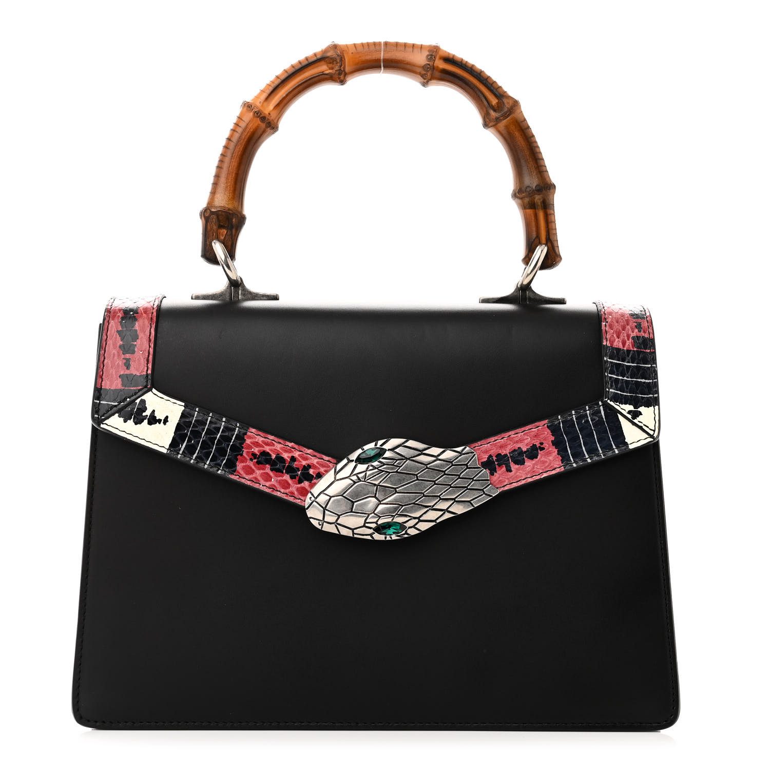 Gucci Black Calfskin & Snakeskin Leather Small Lilith Top Handle Bag Silver Hardware Front replica handbag