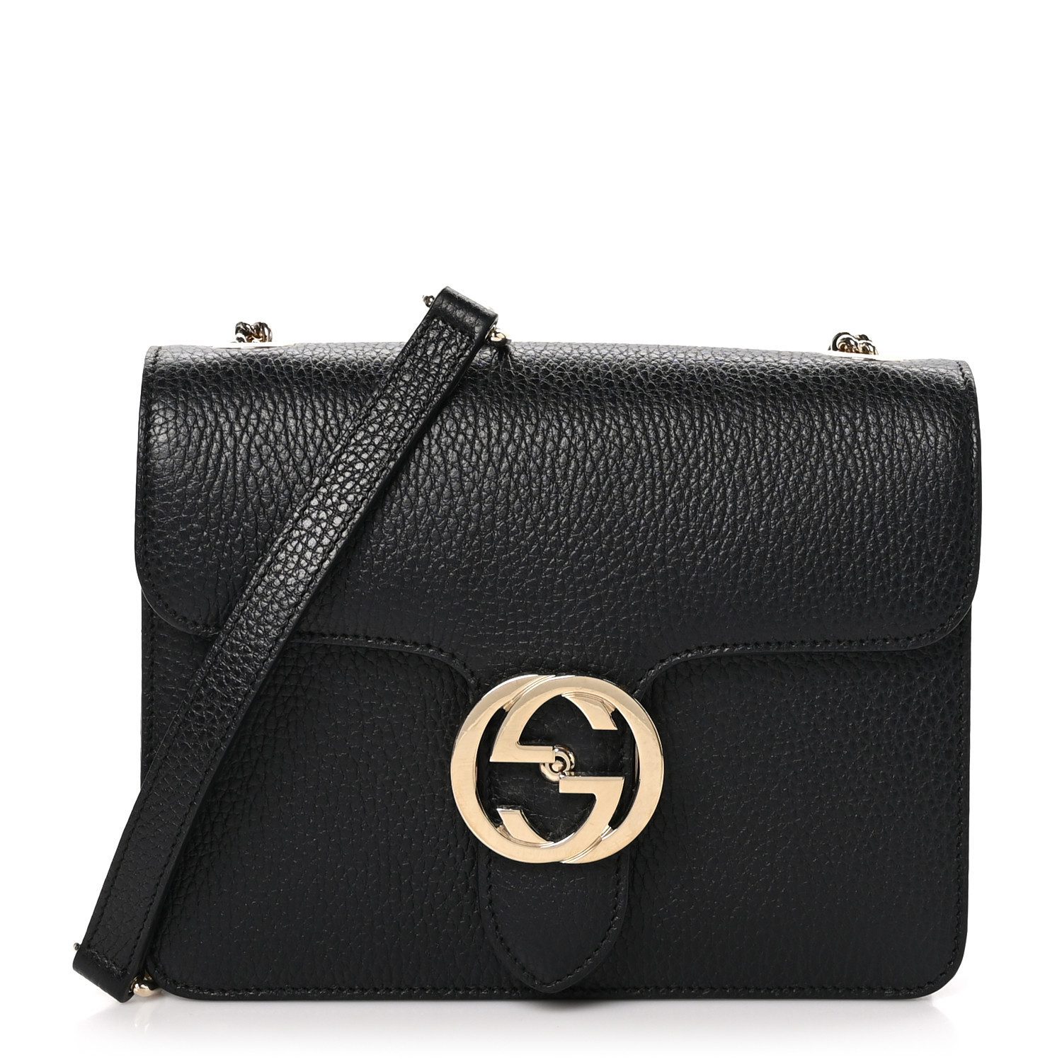 Gucci Black Dollar Calfskin Leather Small Interlocking G Shoulder Bag Gold Hardware Front replica handbag