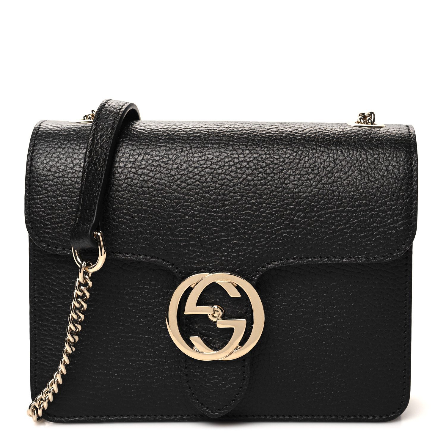 Gucci Black Dollar Calfskin Leather Small Interlocking G Shoulder Bag Gold Hardware Front replica handbag