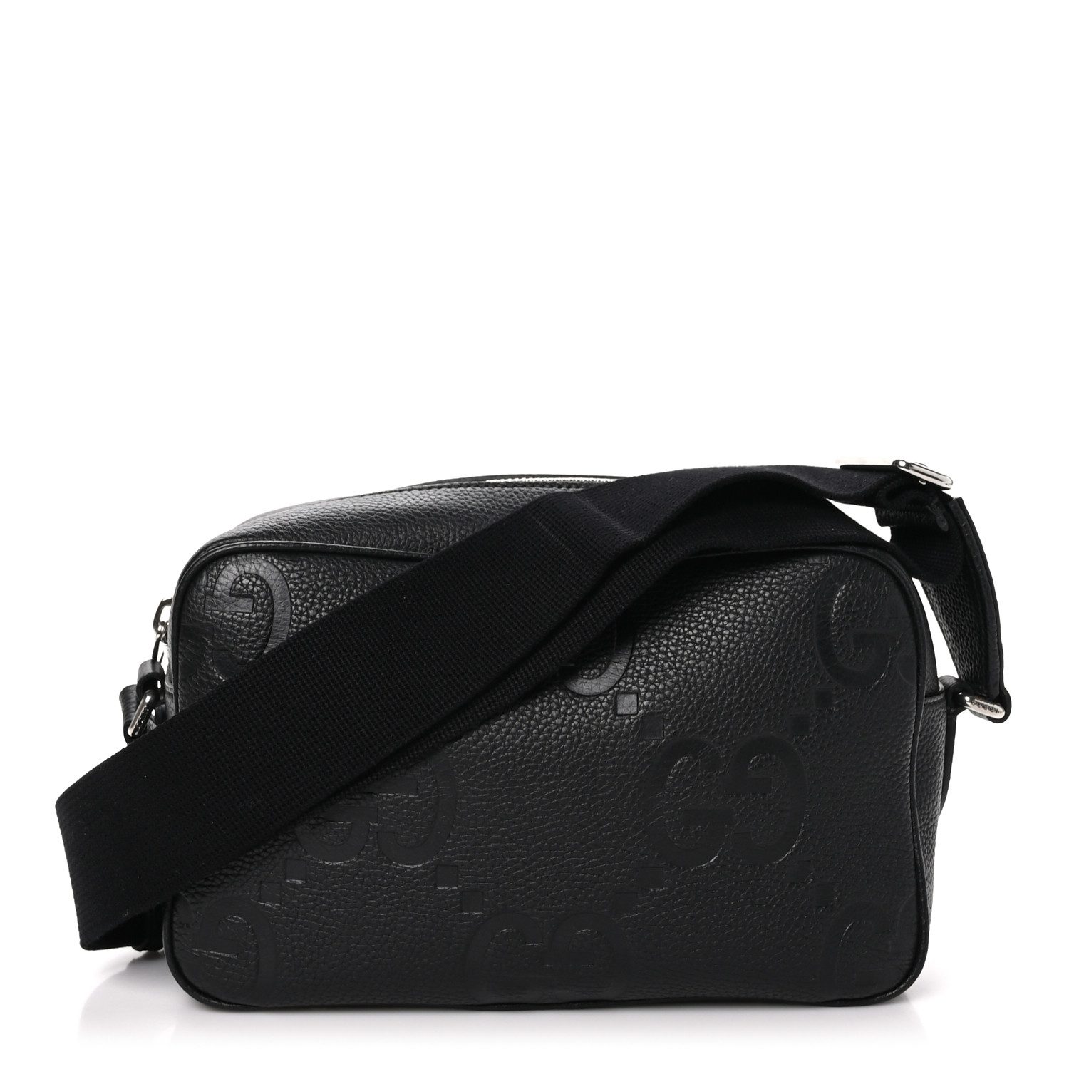 Gucci Black Embossed Piuma Calfskin Leather Jumbo GG Medium Messenger Bag Silver Hardware Front replica handbag