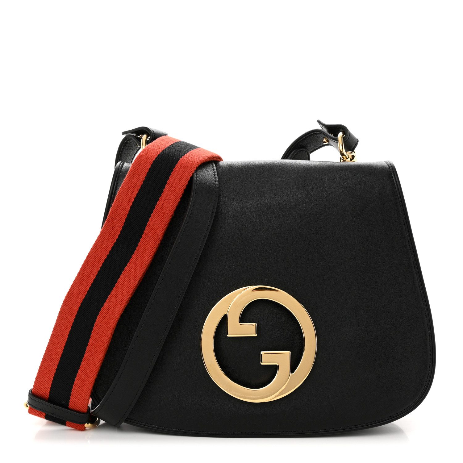 Gucci Black Roxy Calfskin Leather Medium Web Blondie Shoulder Flap Bag Gold Hardware Front replica handbag