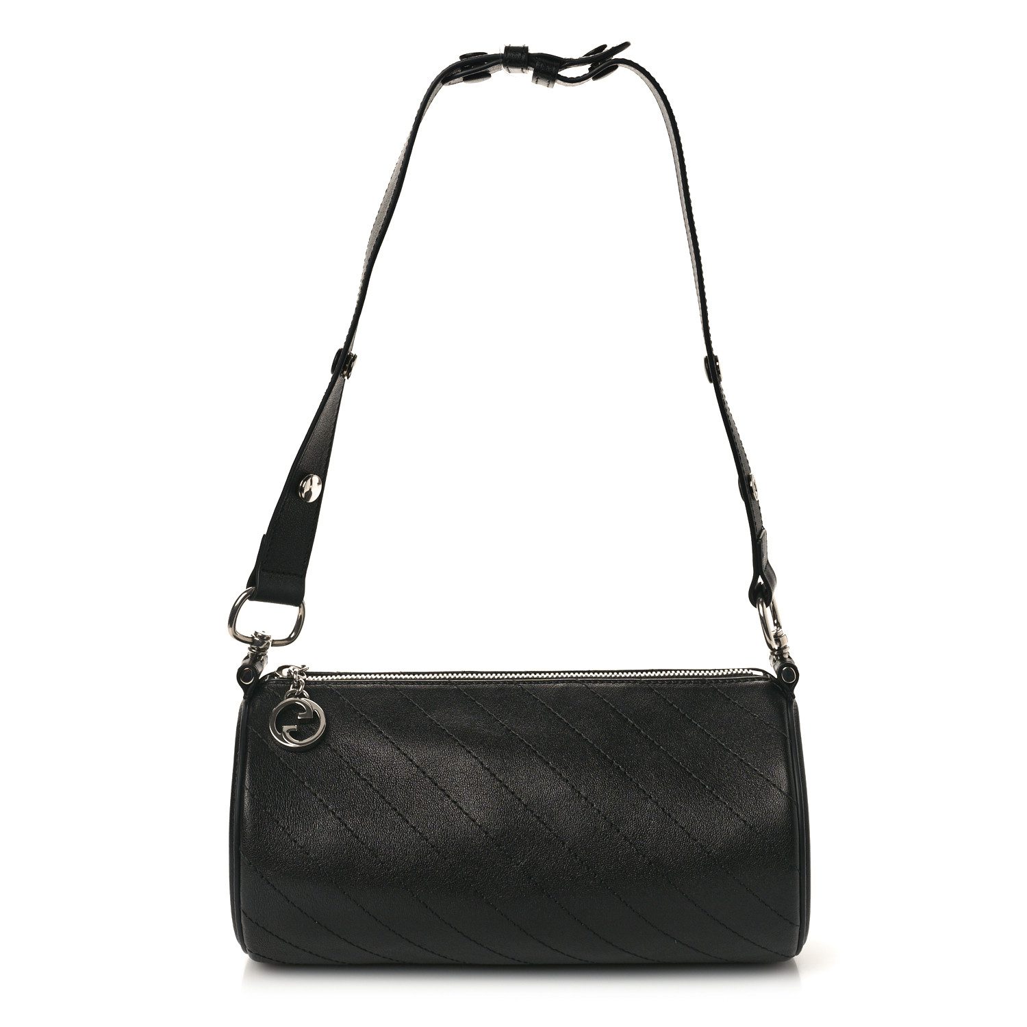 Gucci Black Sakai Be Green Calfskin Leather Mini Diagonal Stitched Blondie Barrel Shoulder Bag Silver Hardware Front replica handbag