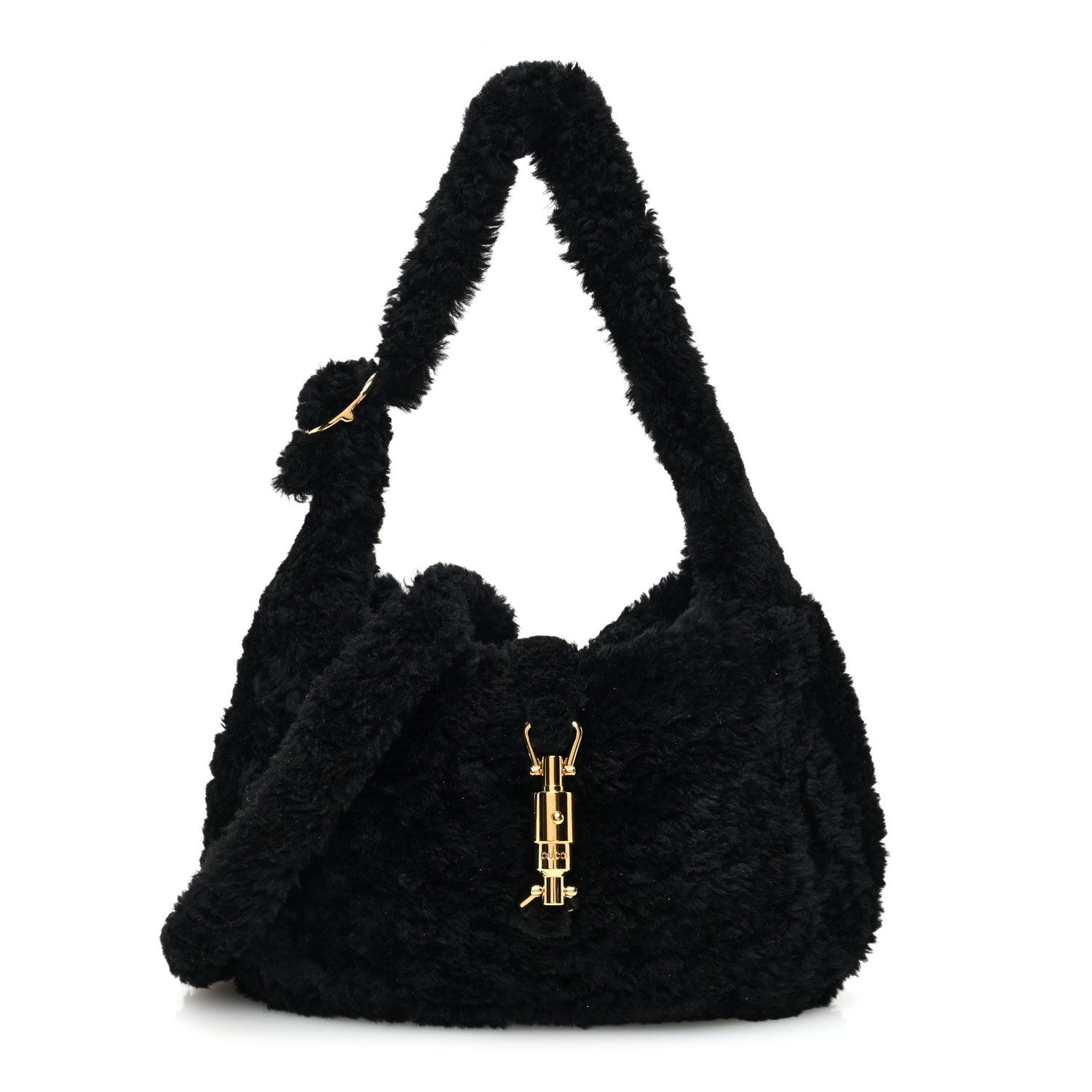 Gucci Black Shearling Small Jackie 1961 Shoulder Bag Brass Hardware Front replica handbag