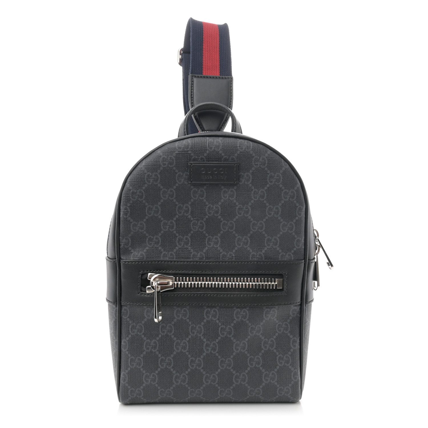 Gucci BlackGrey GG Supreme Monogram Canvas & Calfskin Leather Medium Sling Backpack Silver Hardware Front replica handbag