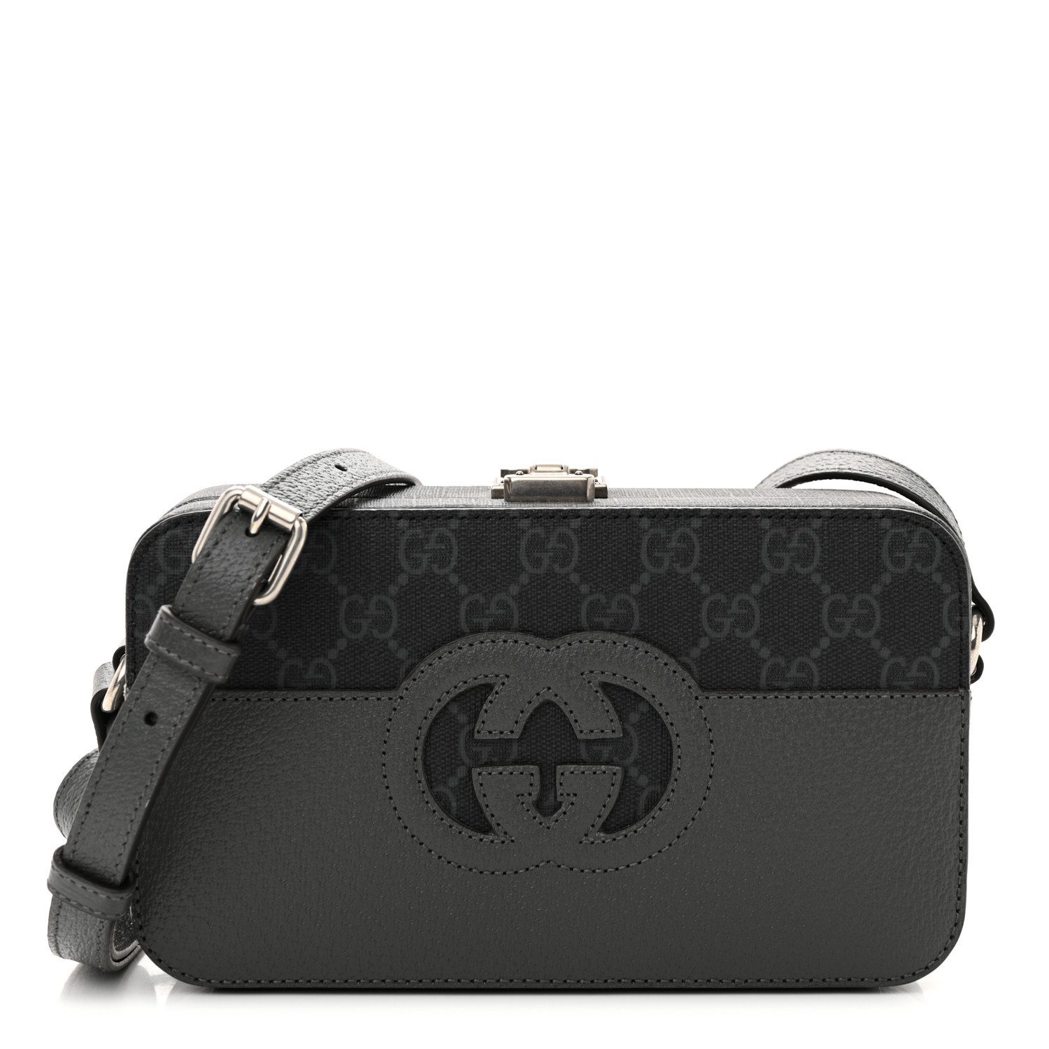 Gucci BlackGrey GG Supreme Monogram Canvas & Textured Dollar Calfskin Leather Mini New Basket Shoulder Bag Aged Silver Hardware Front replica handbag