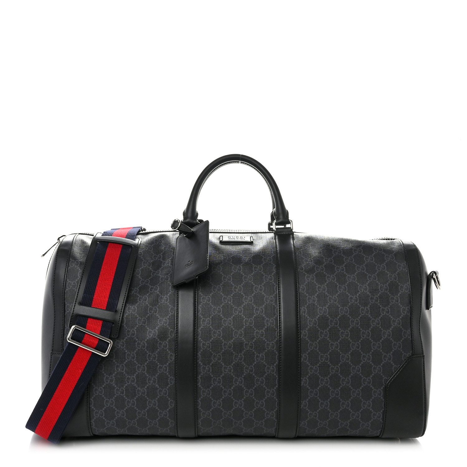 Gucci BlackGrey Soft GG Supreme Monogram Canvas & Appia Calfskin Leather Large Carry-On Duffle Bag Front replica handbag