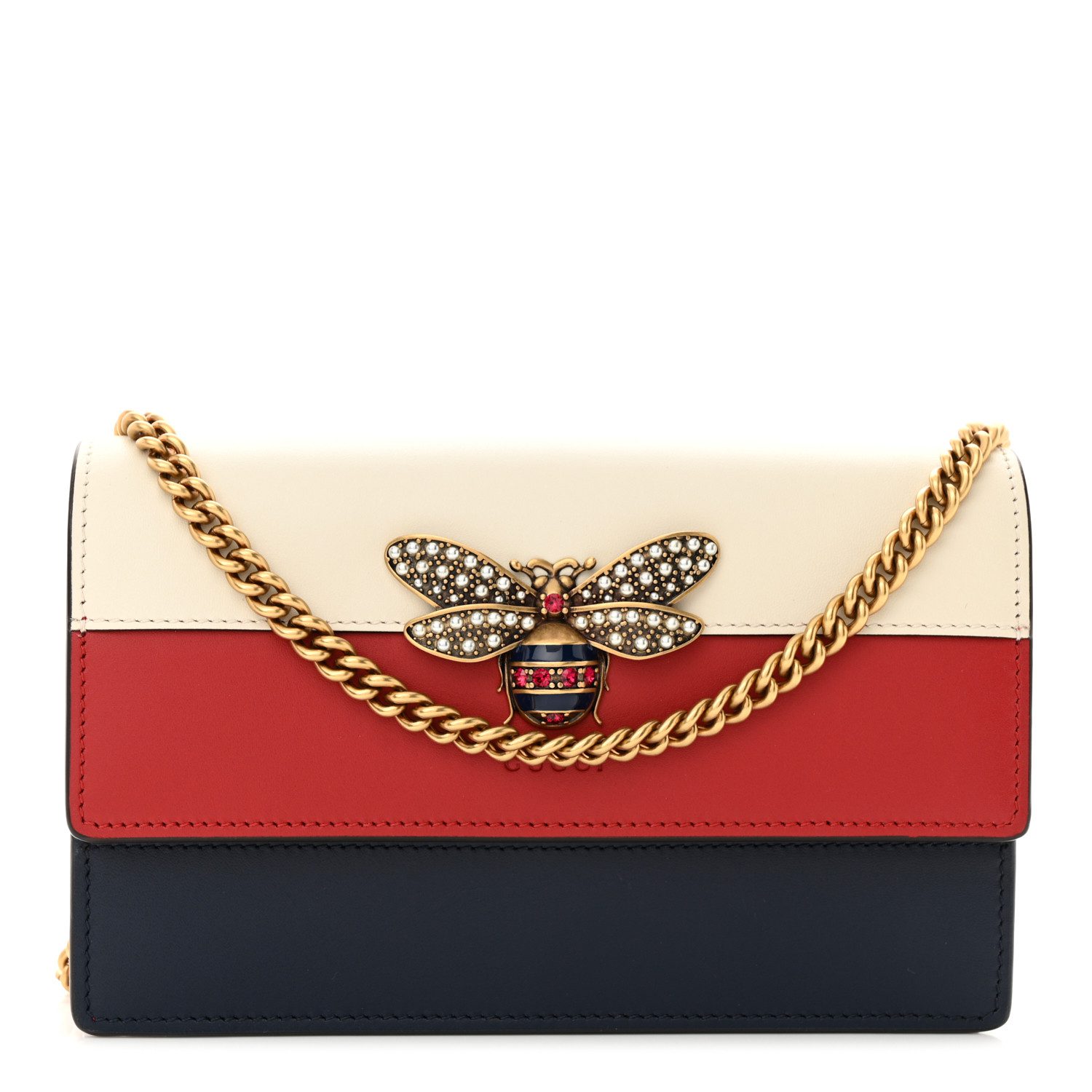 Gucci Blue Agata Hibiscus Red Mystic White Calfskin Leather Small Queen Margaret Chain Wallet Aged Gold Hardware Front replica handbag