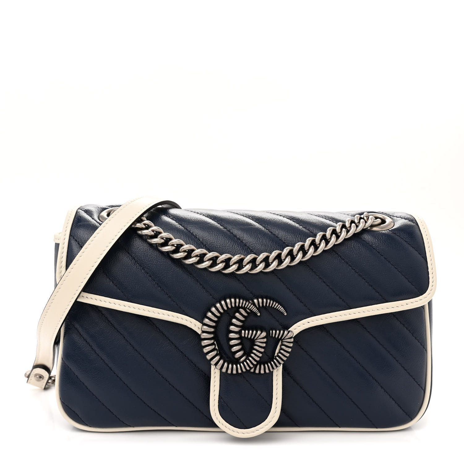 Gucci Blue Agata Mystic White Vintage Effect Calfskin Matelassé Leather Small Diagonal GG Marmont Shoulder Bag Aged Silver Hardware Front replica handbag