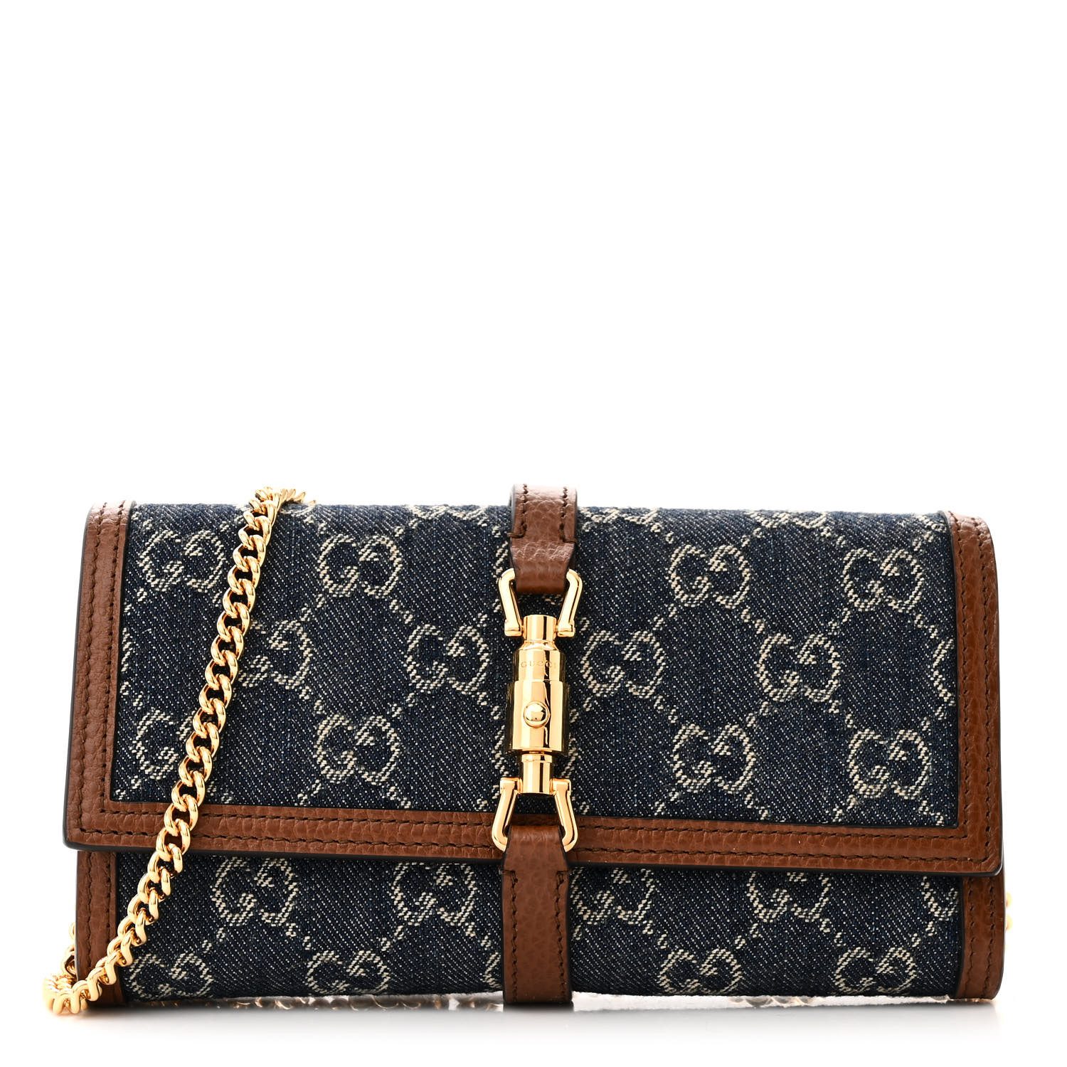 Gucci Blue Tea Calfskin Leather & GG Monogram New Denim Small Jackie 1961 Chain Wallet Gold Hardware Front replica handbag