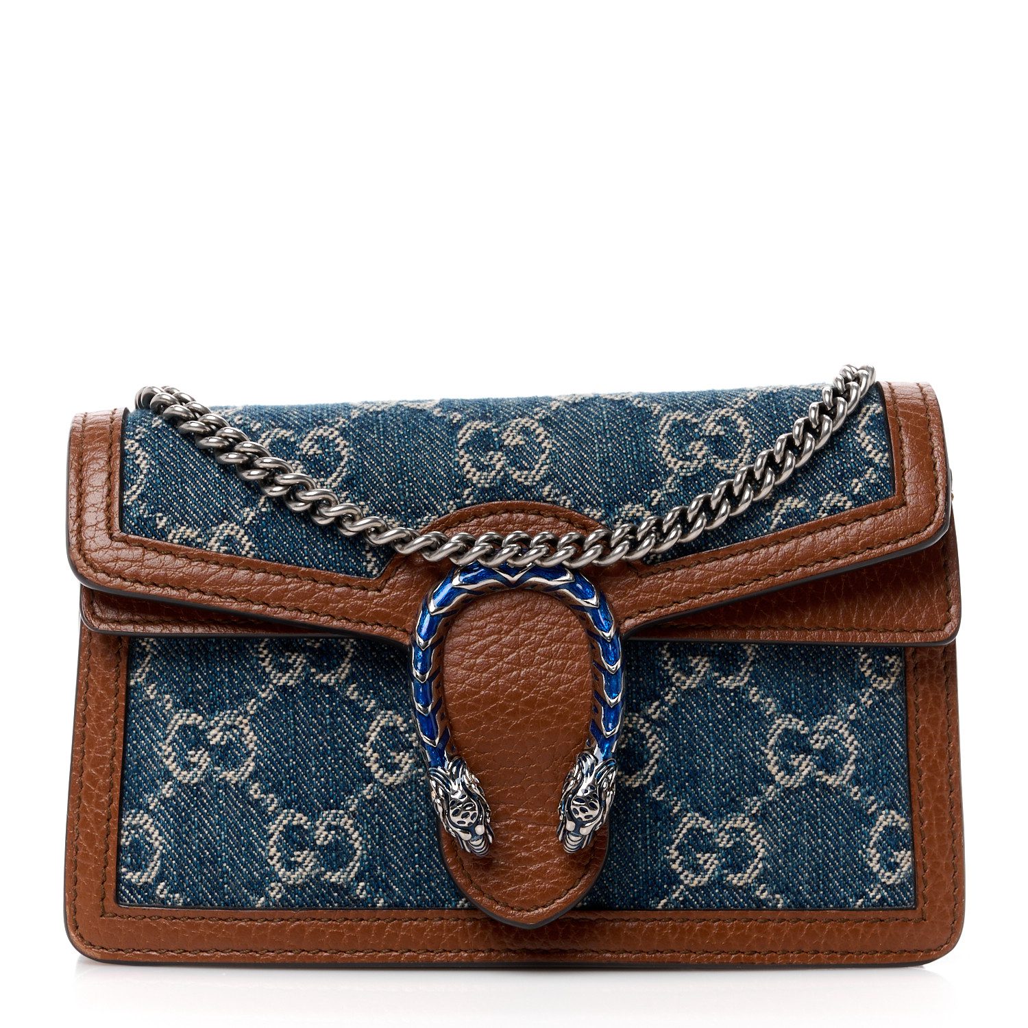 Gucci Blue Tea Cuir Epilog Electric Blue New Denim GG Monogram Coated Canvas & Dollar Calfskin Leather Mini Super Dionysus Shoulder Bag Aged Silver Hardware Front replica handbag