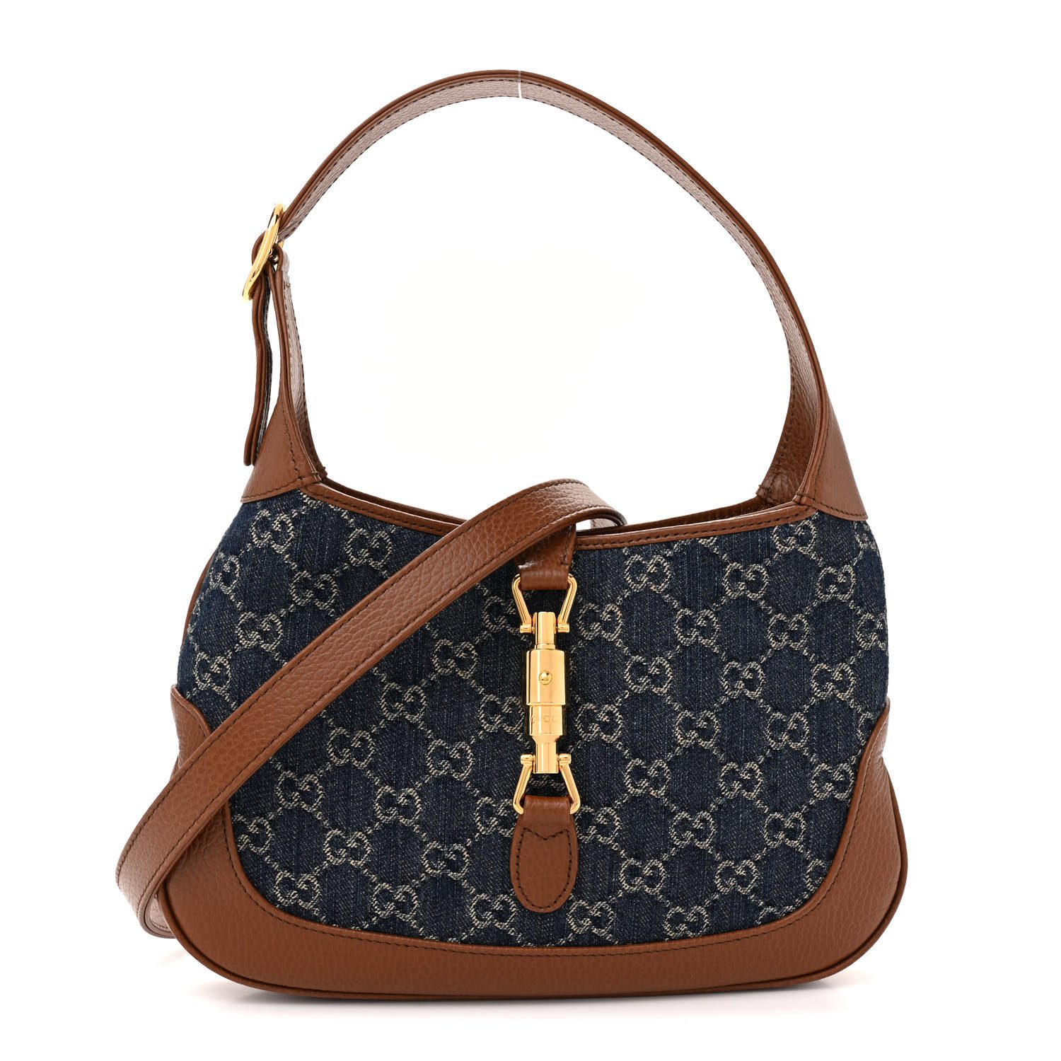 Gucci Blue Tea Cuir GG Monogram New Denim & Calfskin Leather Small Jackie 1961 Hobo Gold Hardware Front replica handbag