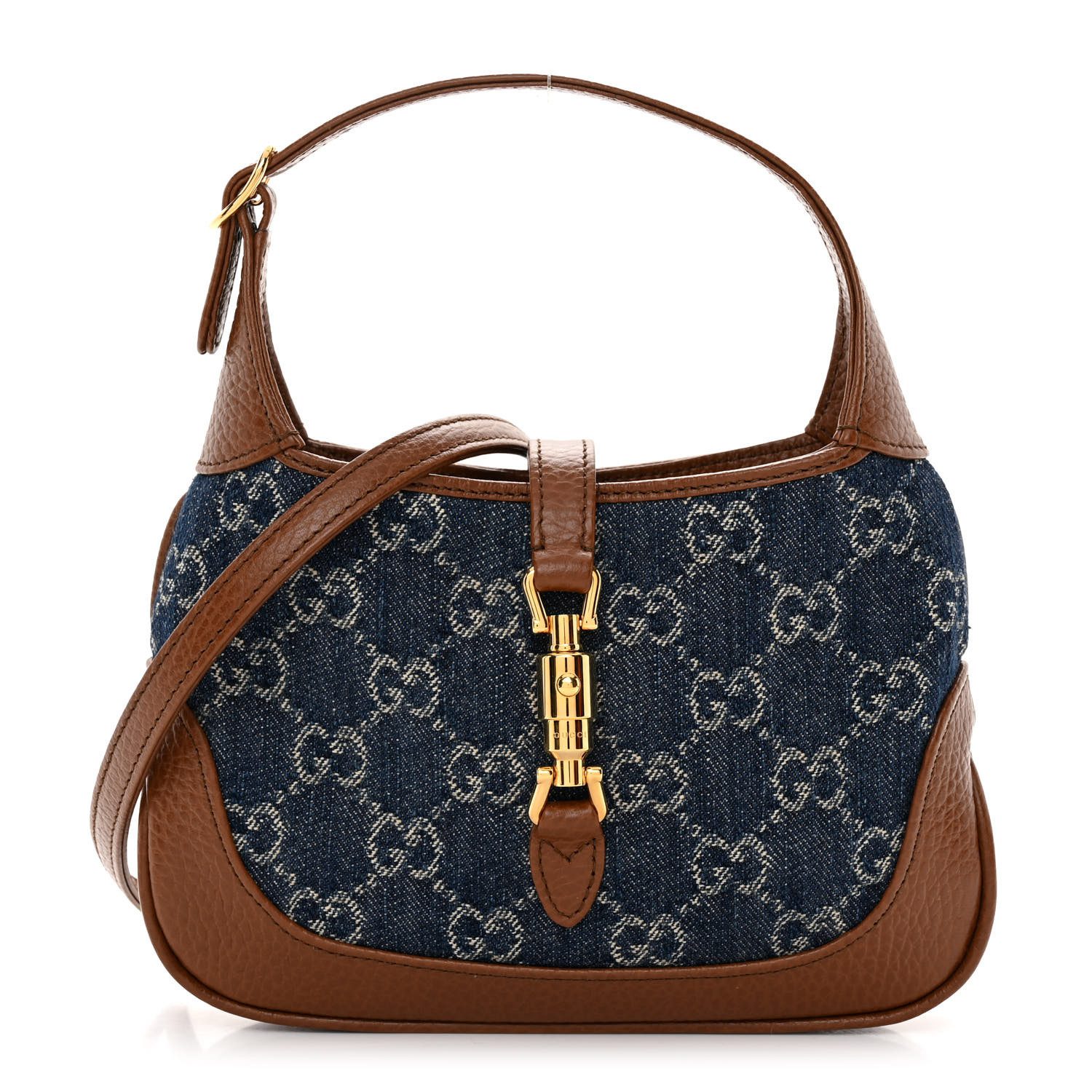 Gucci Blue Tea Cuir New Denim GG Monogram & Calfskin Leather Mini Jackie 1961 Hobo Gold Hardware Front replica handbag