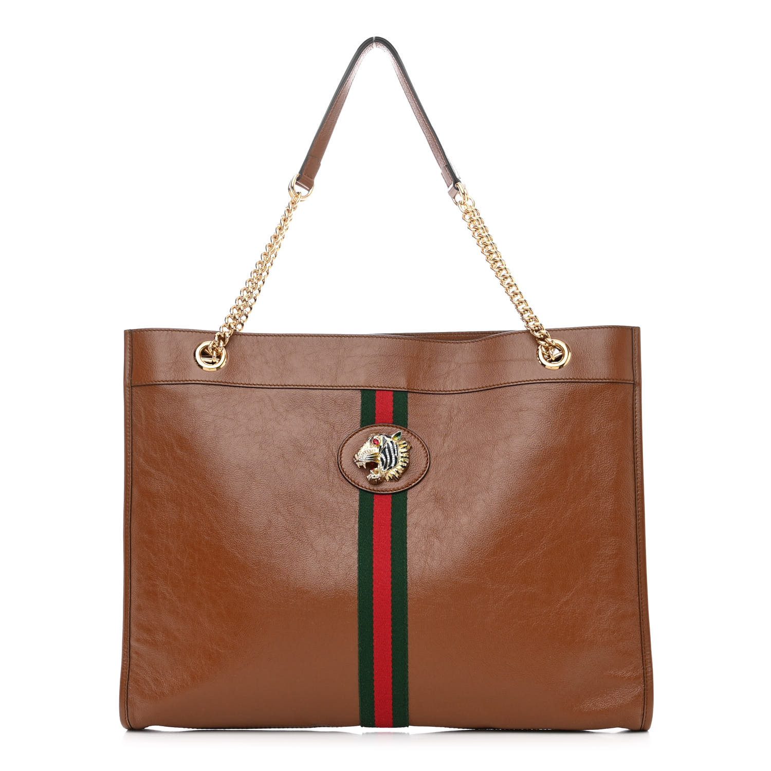 Gucci Brown Calfskin Leather Large Rajah Chain Tote Gold Hardware Front replica handbag