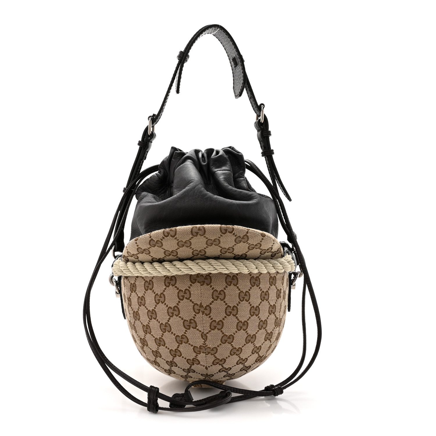 Gucci Brown GG Monogram Canvas & Calfskin Leather Medium Equestrian Bucket Bag Silver Hardware Front replica handbag