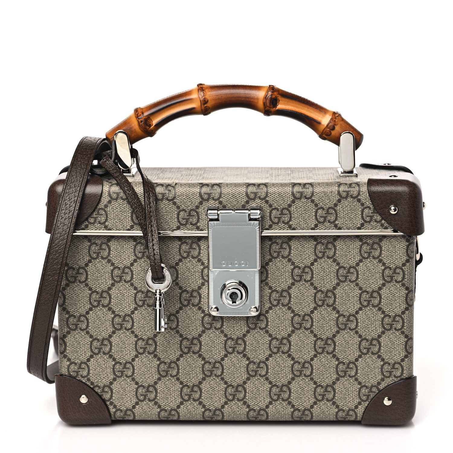 Gucci Brown GG Supreme Monogram Canvas Medium Globe-Trotter Beauty Case Silver Hardware Front replica handbag