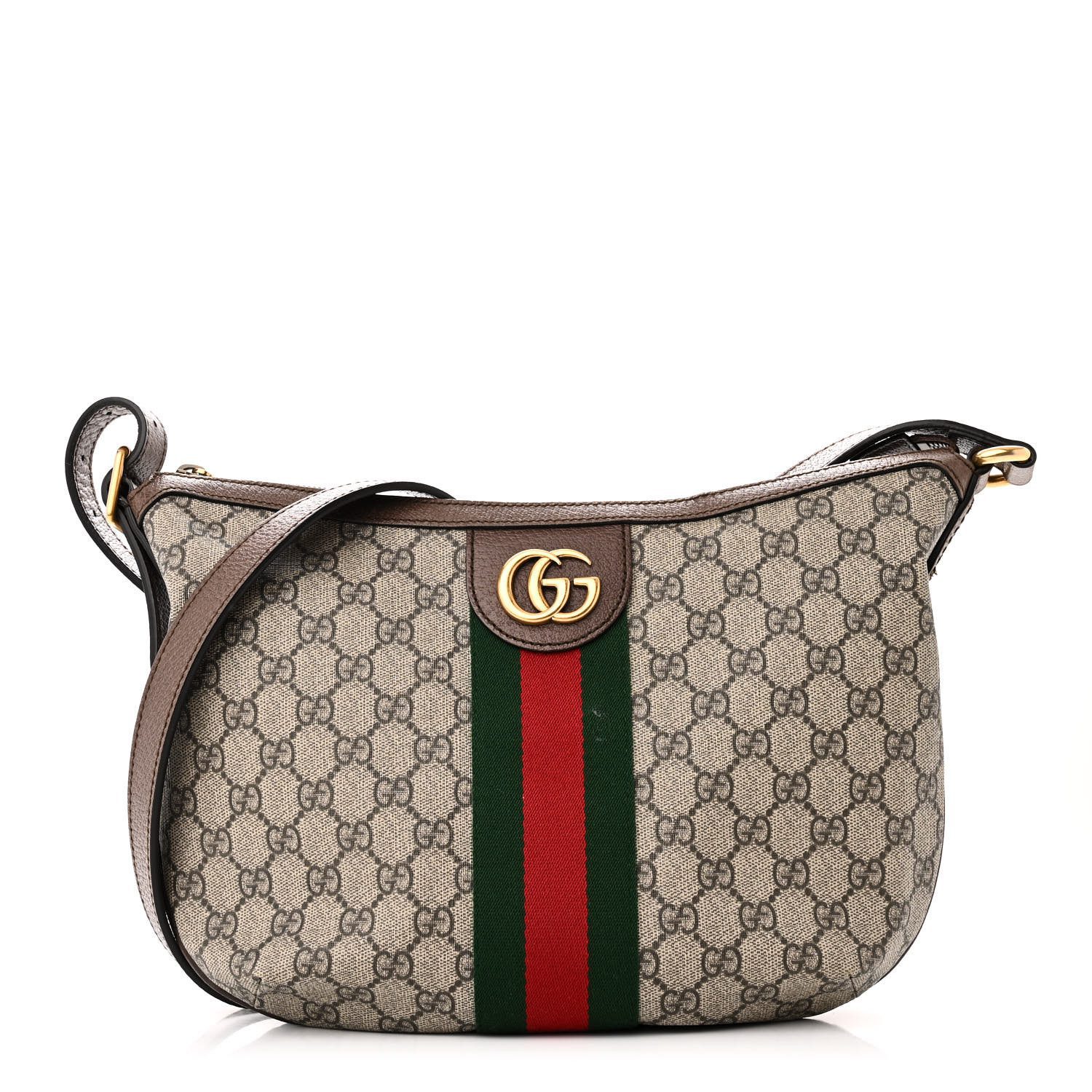 Gucci Brown GG Supreme Monogram Canvas Small Web Ophidia Half Moon Hobo Gold Hardware Front replica handbag