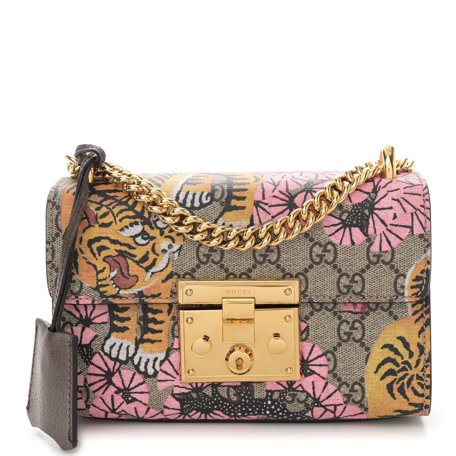 Gucci BrownBeige GG Supreme Monogram Canvas Bengal Small Padlock Shoulder Bag Gold Hardware Front replica handbag