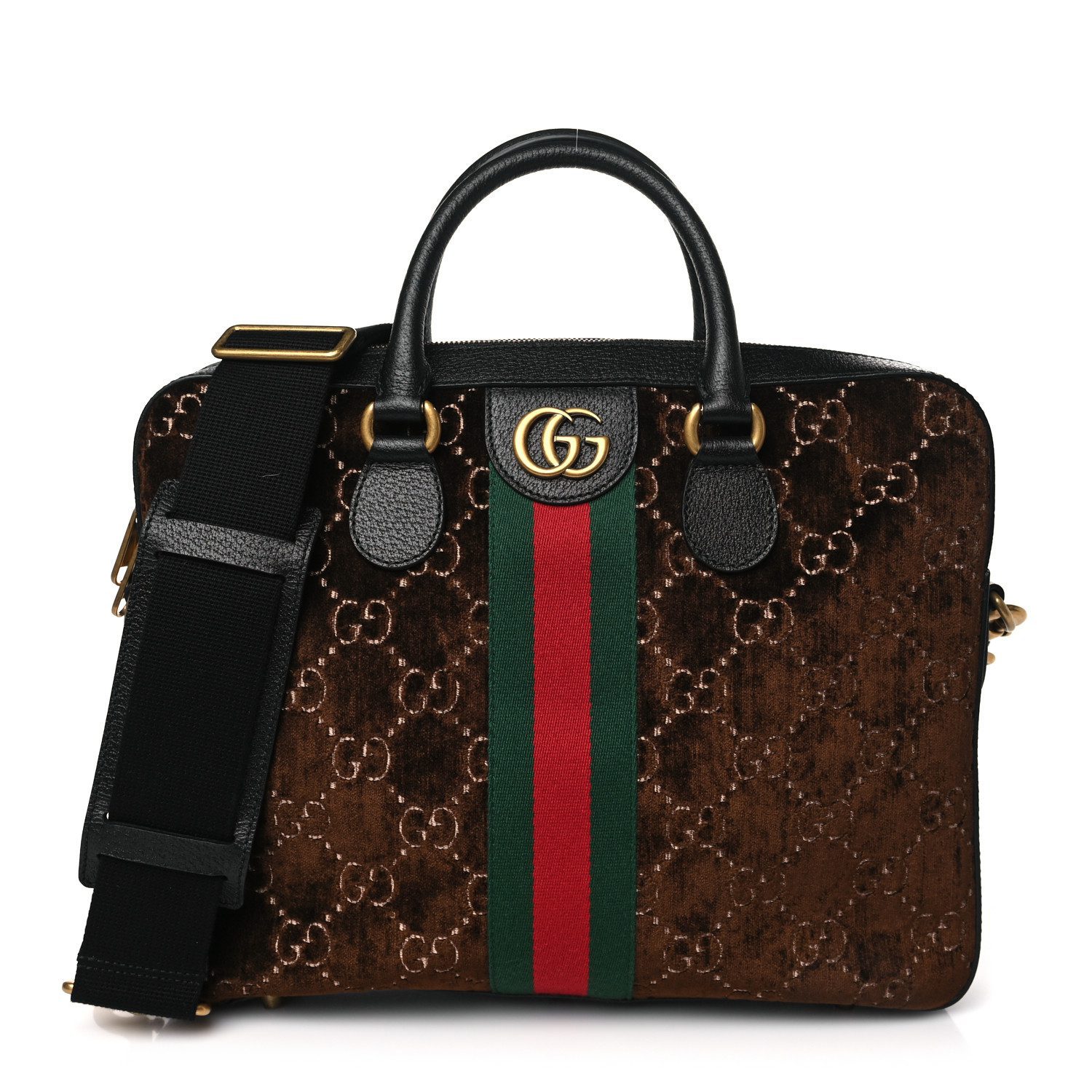 Gucci BrownBlack Velvet GG Supreme Monogram Canvas & Textured Calfskin Leather Medium Ophidia Briefcase Aged Gold Hardware Front replica handbag