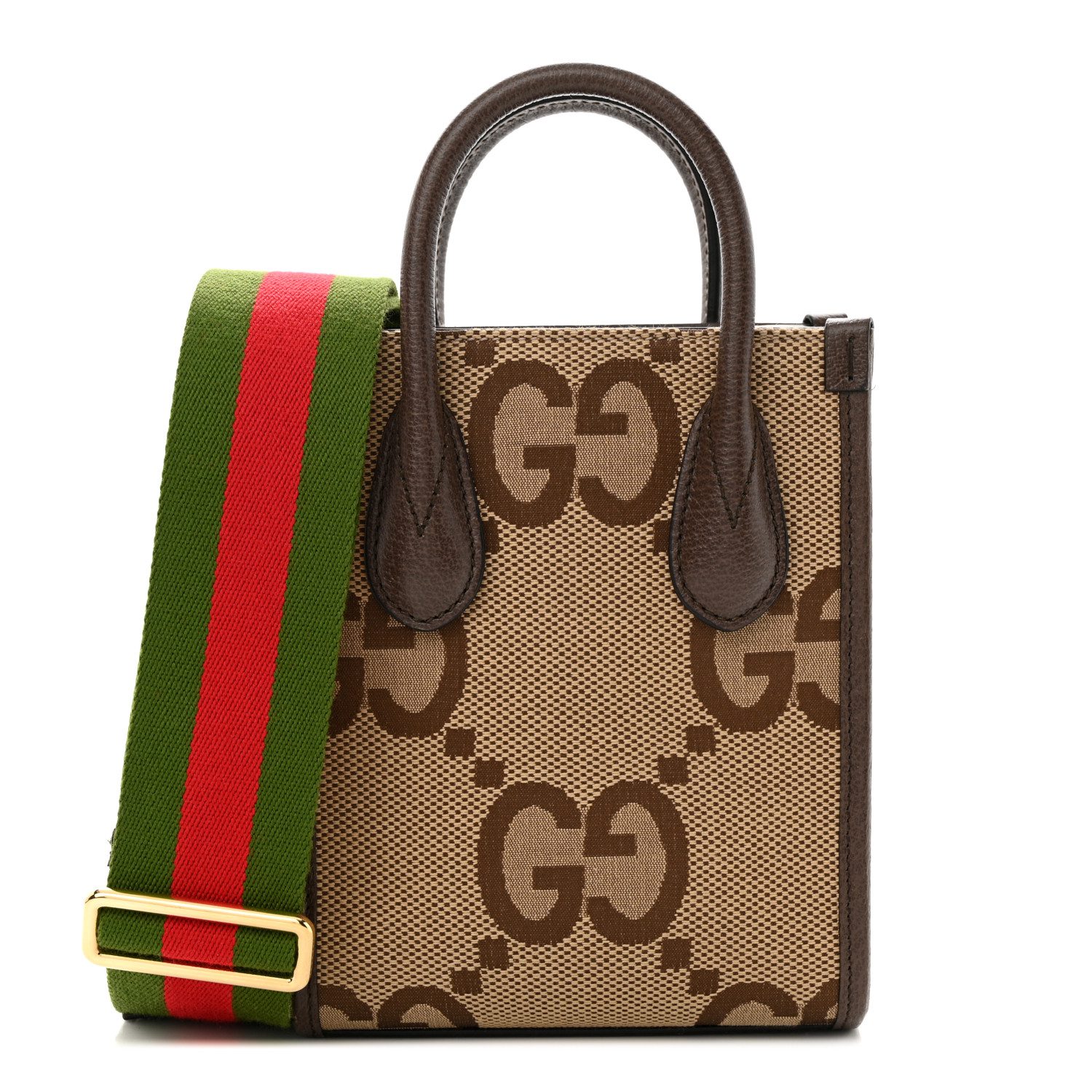 Gucci Camel Ebony Textured Dollar Calfskin Leather Mini Vertical Tote Gold Hardware front replica handbag
