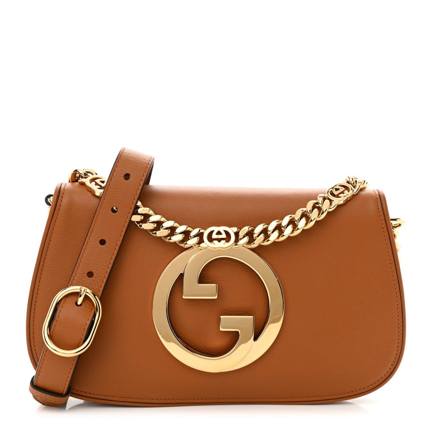 Gucci Cognac Roxy Calfskin Leather Medium Blondie Chain Shoulder Flap Bag Brass Hardware Front replica handbag