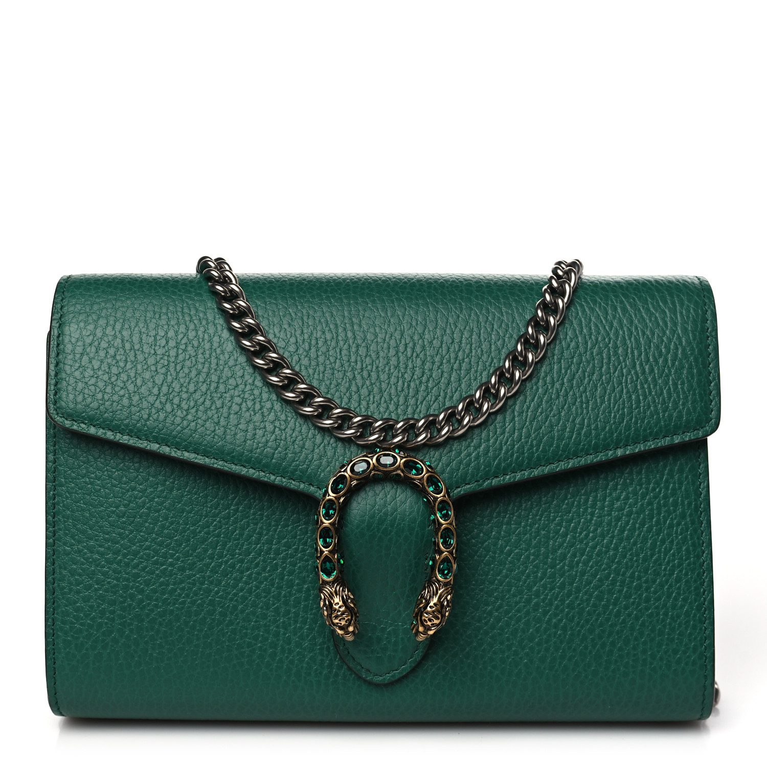 Gucci Emerald Calfskin Leather Mini Dionysus Chain Wallet Aged Silver Hardware Front replica handbag