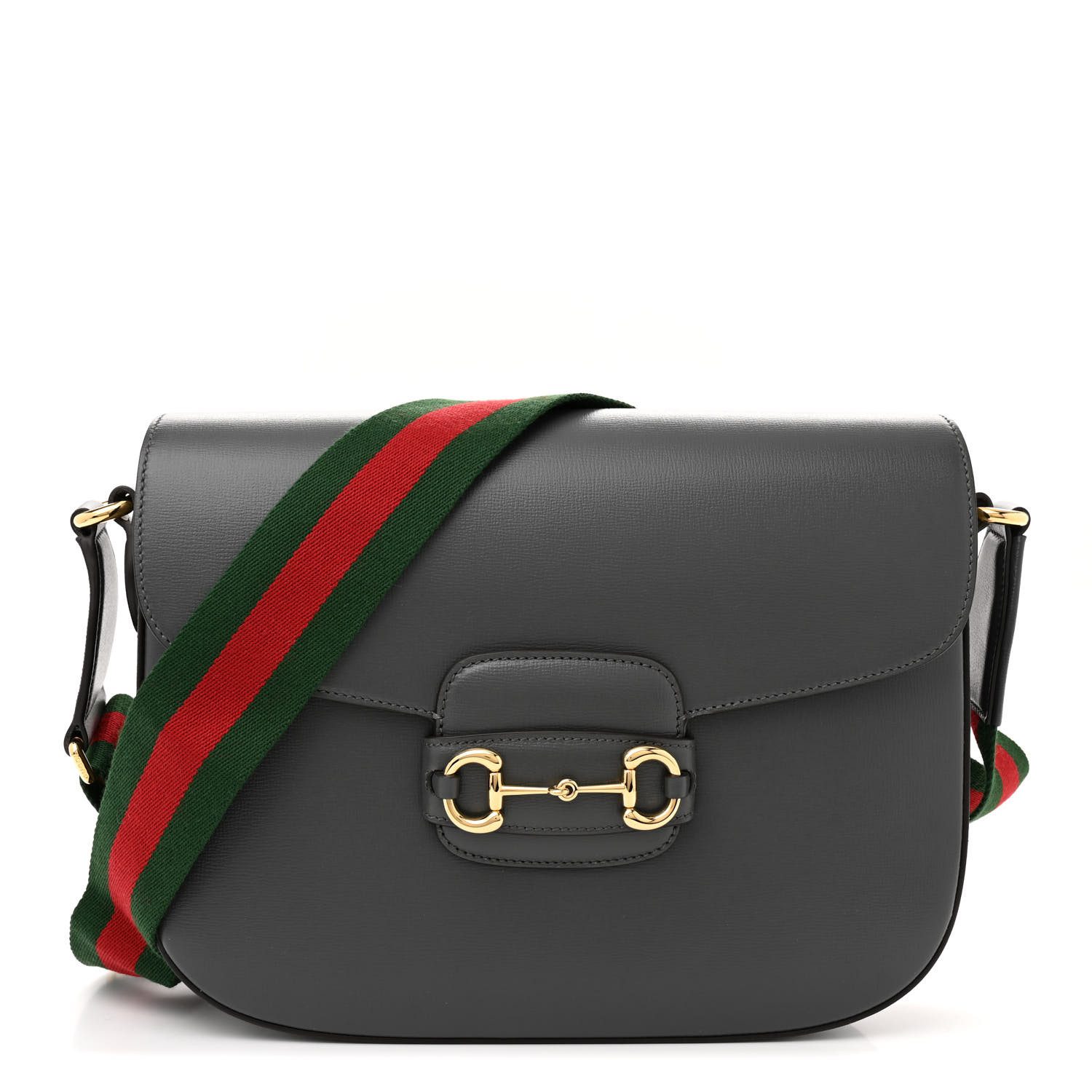 Gucci Graphite Grey Azalea Calfskin Leather Small Web Horsebit 1955 Shoulder Bag Gold Hardware Front replica handbag