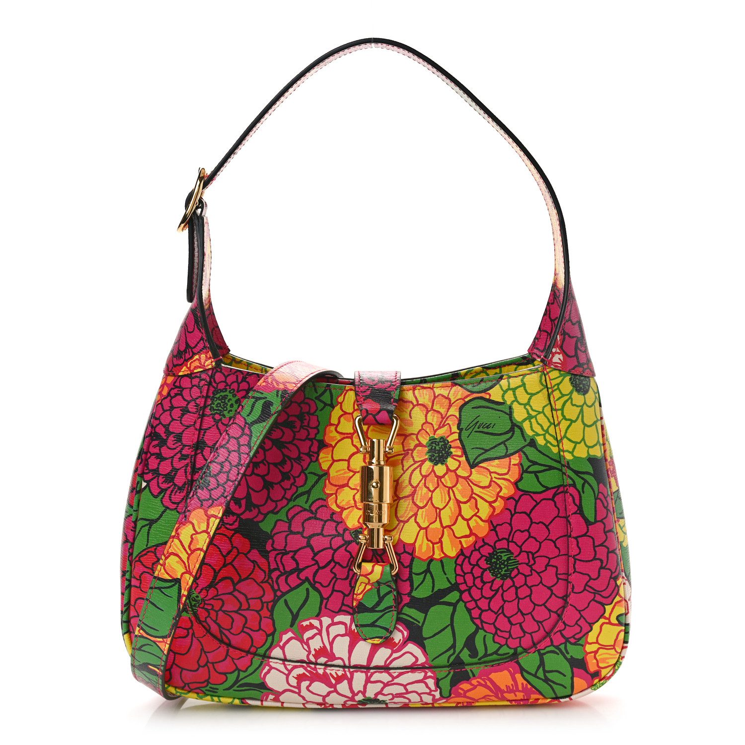 Gucci Gucci x Ken Scott Multicolor Fuxia Pompon Textured Calfskin Leather Small Jackie 1961 Hobo Brass Hardware Front replica handbag