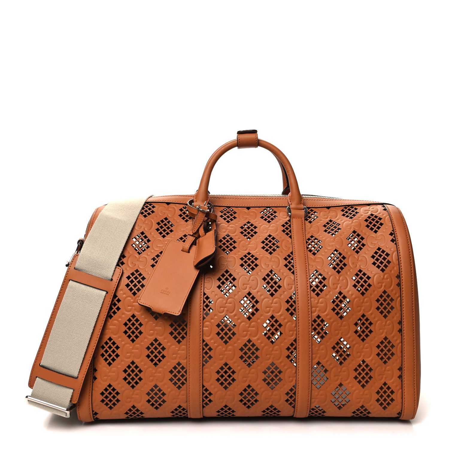 Gucci Harness Brown Embossed Calfskin Leather Cut-Out GG Medium Duffle Bag Front replica handbag