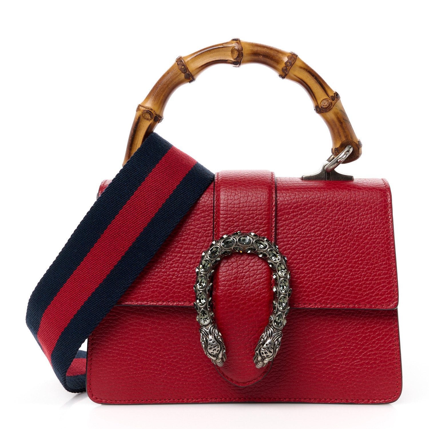 Gucci Hibiscus Red Dollar Calfskin Leather & Crystal Mini Web Dionysus Bamboo Top Handle Bag Aged Silver Hardware Front replica handbag
