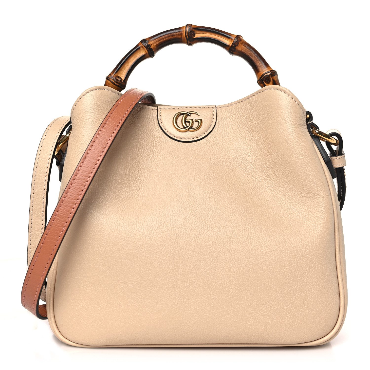 Gucci Light Beige Textured Dollar Calfskin Leather Small Diana Shoulder Bag Aged Gold Hardware Front replica handbag
