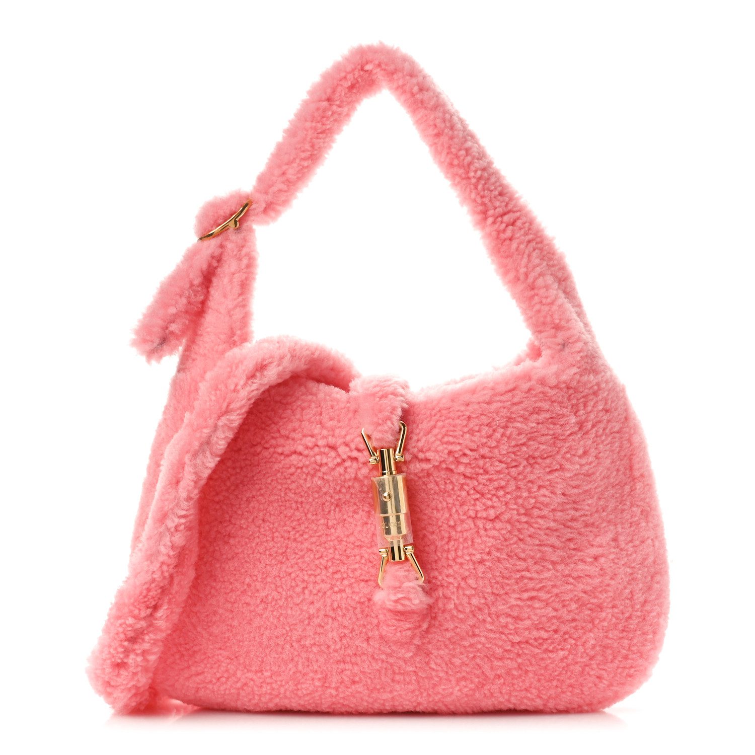 Gucci Lotus Pink Shearling Small Jackie 1961 Shoulder Bag Brass Hardware Front replica handbag