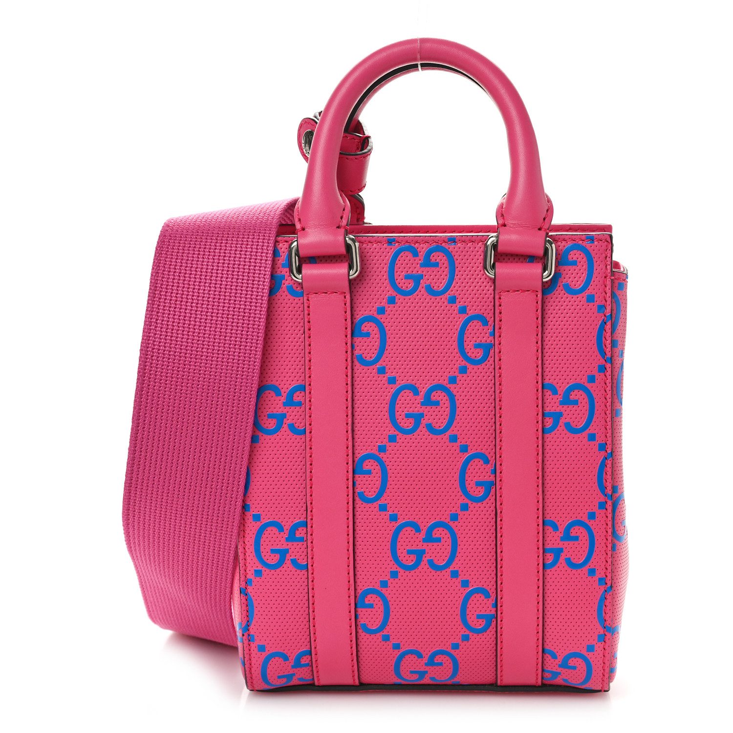Gucci Modern Fuchsia Modern Blue Embossed Calfskin Leather Mini GG Tennis Tote Bag Silver Hardware Front replica handbag