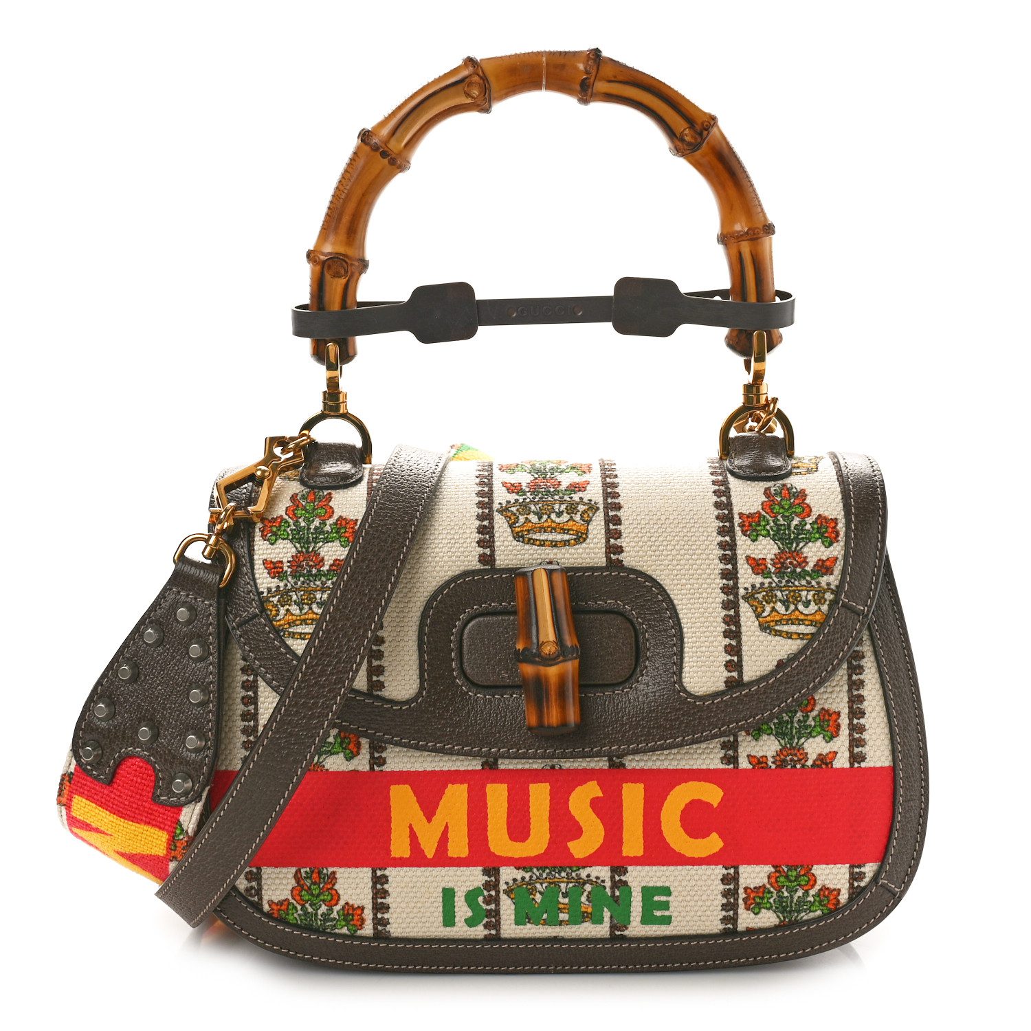Gucci Multicolor Canvas & Calfskin Leather 100 Medium Centennial Music Bamboo 1947 Top Handle Bag Brass Hardware Front replica handbag