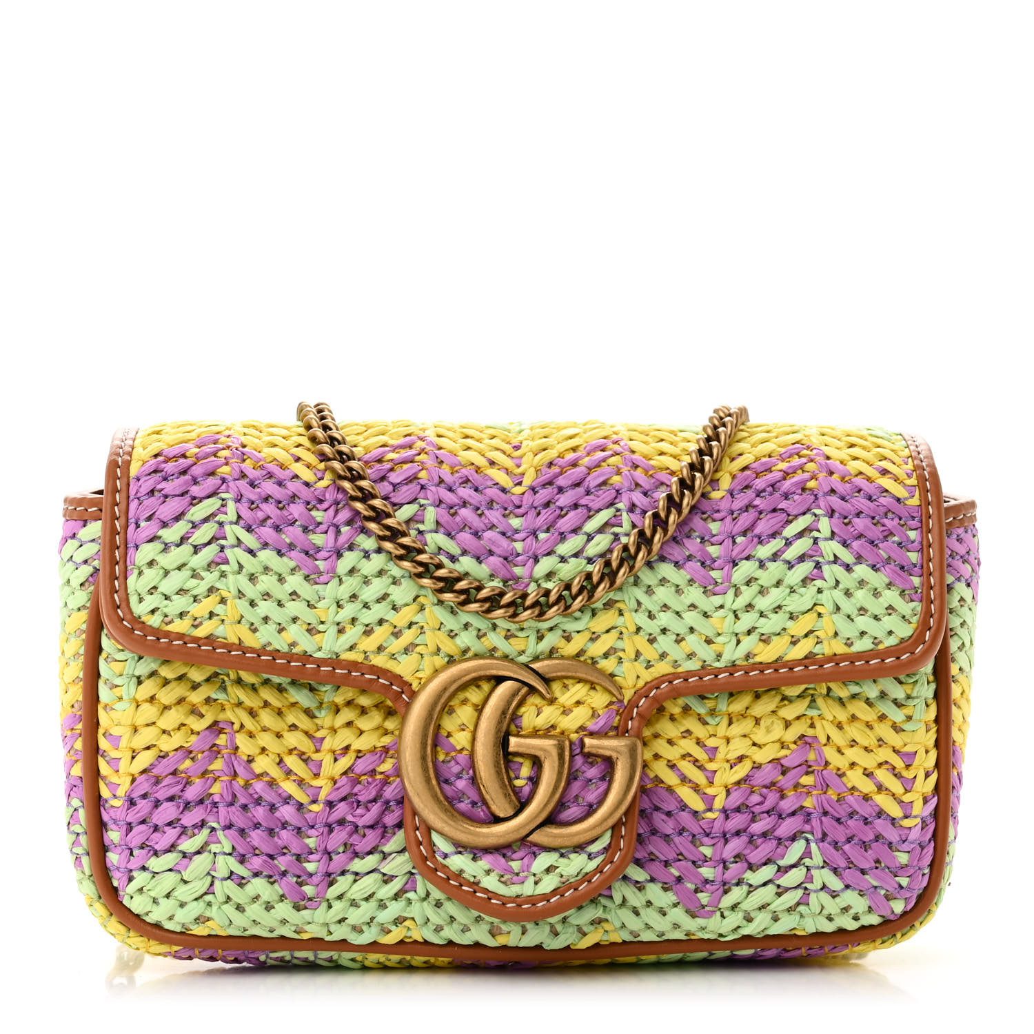Gucci Multicolor Woven Raffia & Calfskin Leather Super Mini GG Marmont Shoulder Bag Gold Hardware Front replica handbag