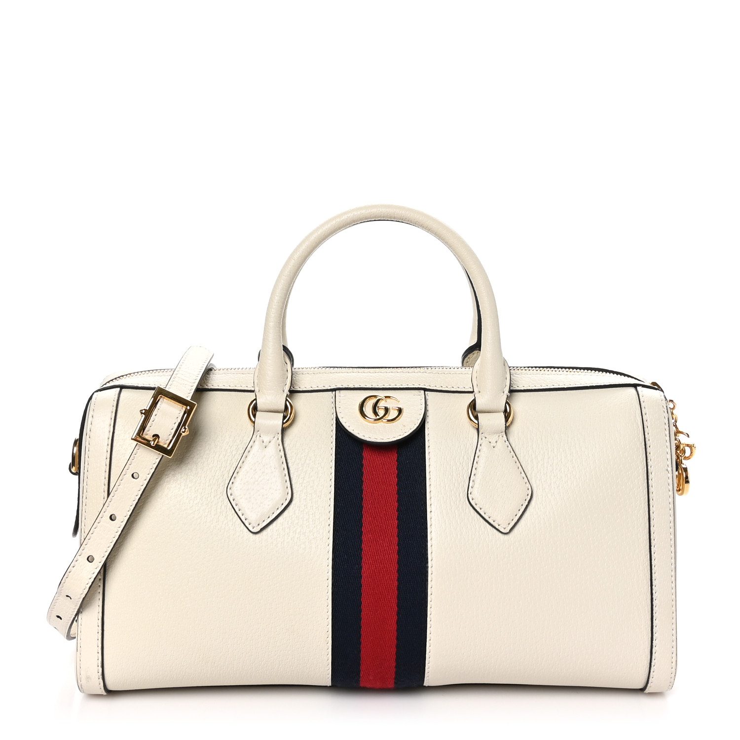 Gucci Mystic White Suede & Patent Leather GG Web Medium Ophidia Boston Bag Gold Hardware Front replica handbag